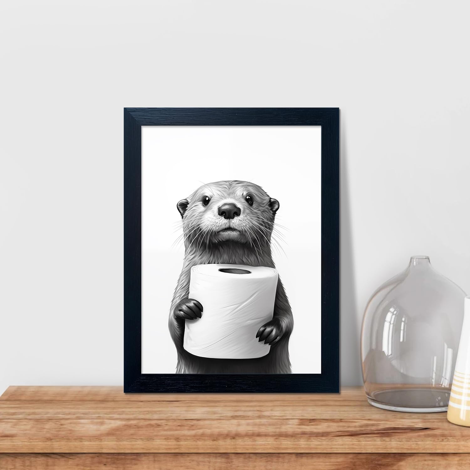 Bathroom Picture Wall Decor Black and White Framed Wall Art for Bathroom Toilet Paper in the Hand of a Little Funny Raccoon Canvas Print Painting