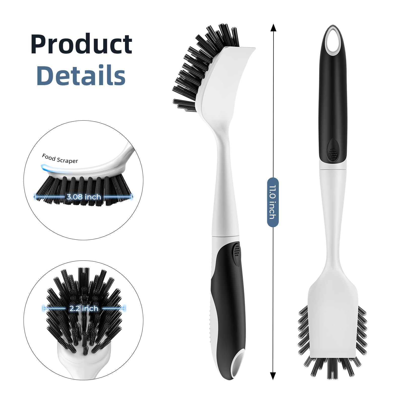 Cleangor Dish Scrub Brush, 2 Pack Stiff Bristles Cleaning Scrubber Brushes with Non Slip Handle Built-in Scraper, Kitchen Dish Brushes for Cleaning Pans, Pots, Stoves, Sink