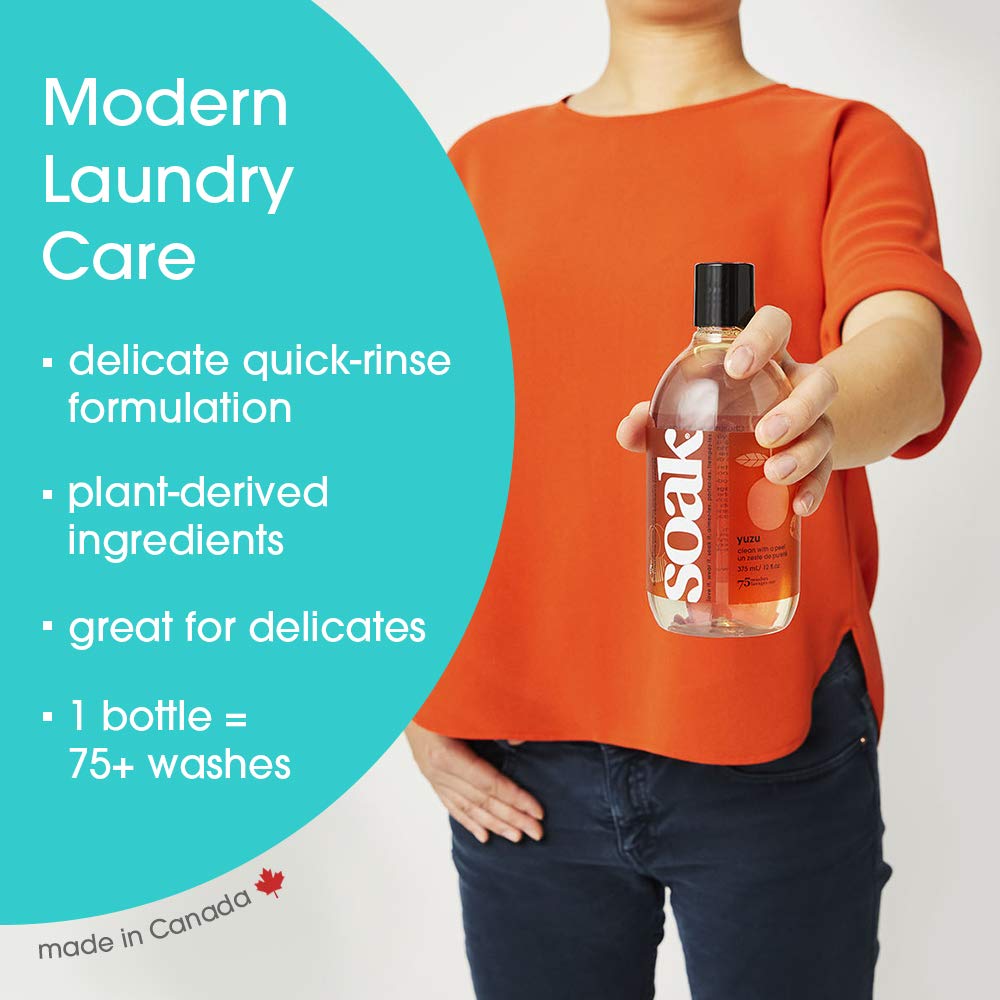 Soak Laundry Soap – No Rinse, Made in Canada, Plant-Derived Hand Wash Detergent - 375 ml / 12 fl. oz, 75+ Washes (Yuzu)