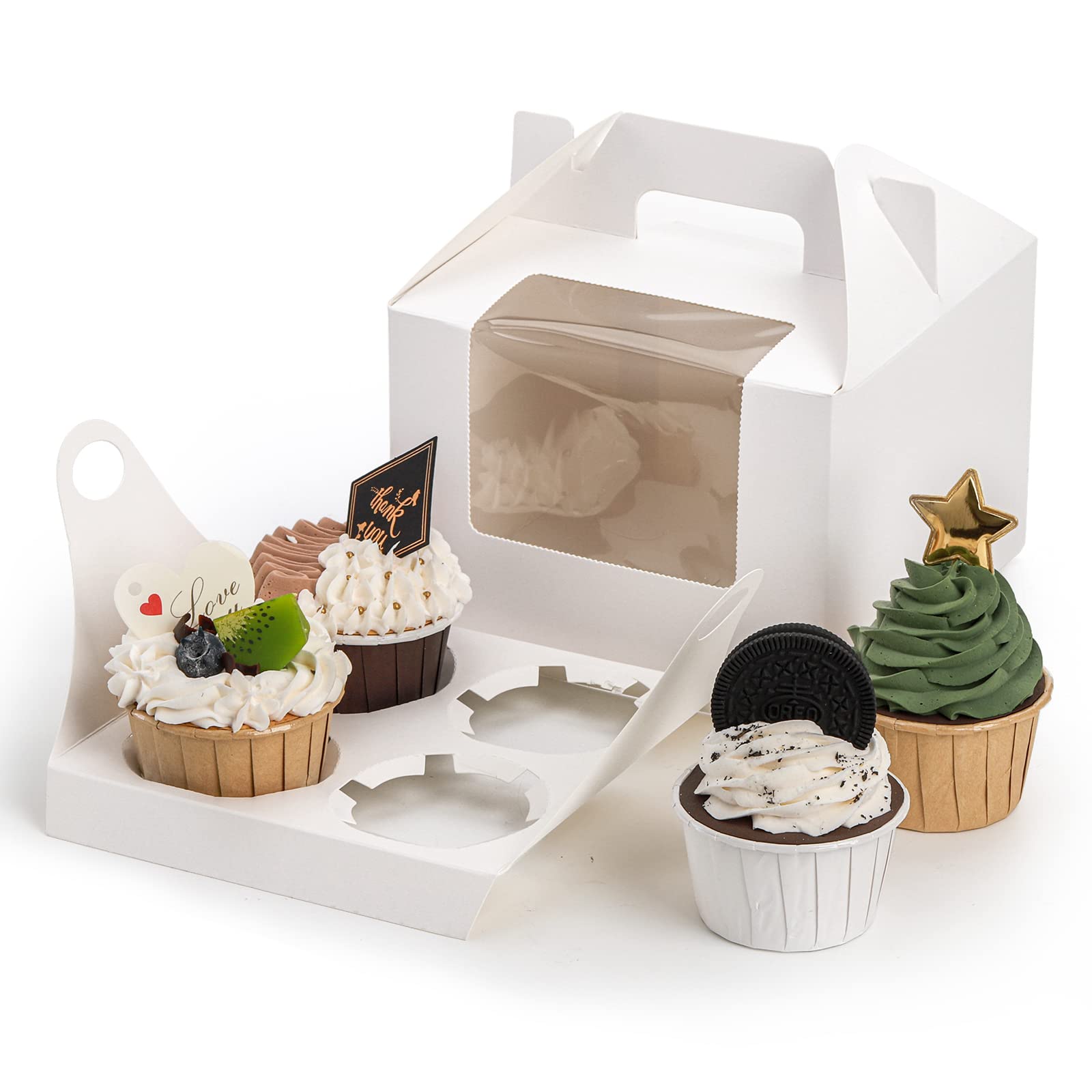 Jucoan 40 Pack Cupcake Containers, 4 Count White Kraft Paper Cupcake Boxes with Insert Window and Handle, Cupcake Holder Bakery Pastry Boxes, Gable Party Favor Treat Boxes for Wedding Birthday Party