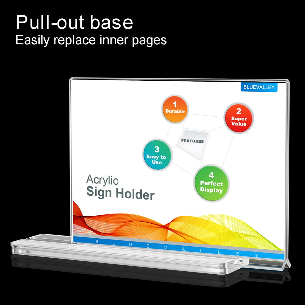 BlueValley 2 Pack Acrylic Sign Holder 8 1/2 x 11 Inch, Clear Plastic Flyer Document Menu Display holder for Table Desk Display, Double Sided Certificate Paper Frame Horizontal Display Stand for Office Store Use