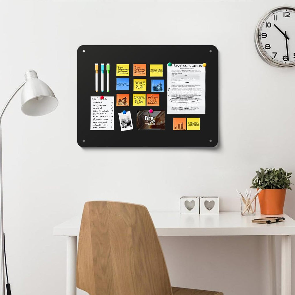 Black Magnetic Boards 16.5" x 11.8" Magnet Bulletin Board for Display Magnetic Notes Poetry Photos with 4 Screws 2 Support Screws
