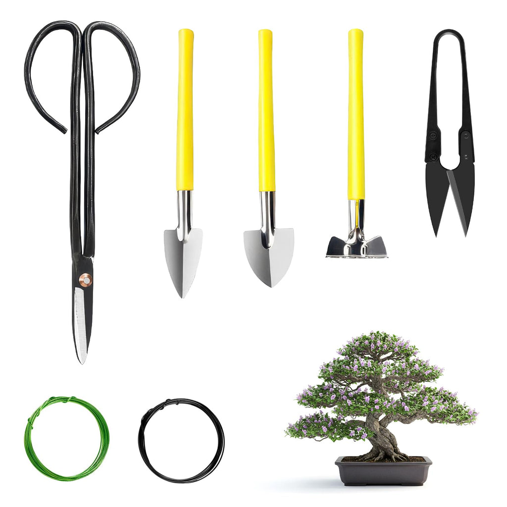 MOSFiATA Bonsai Tools Set 7 Pcs, High Carbon Steel Scissor Cutter Shears Set, Gardening Trimming Tools Set with Pruning Shears, Gardening Gloves, Training Wire, Garden Plant Tools with Carrying Bag