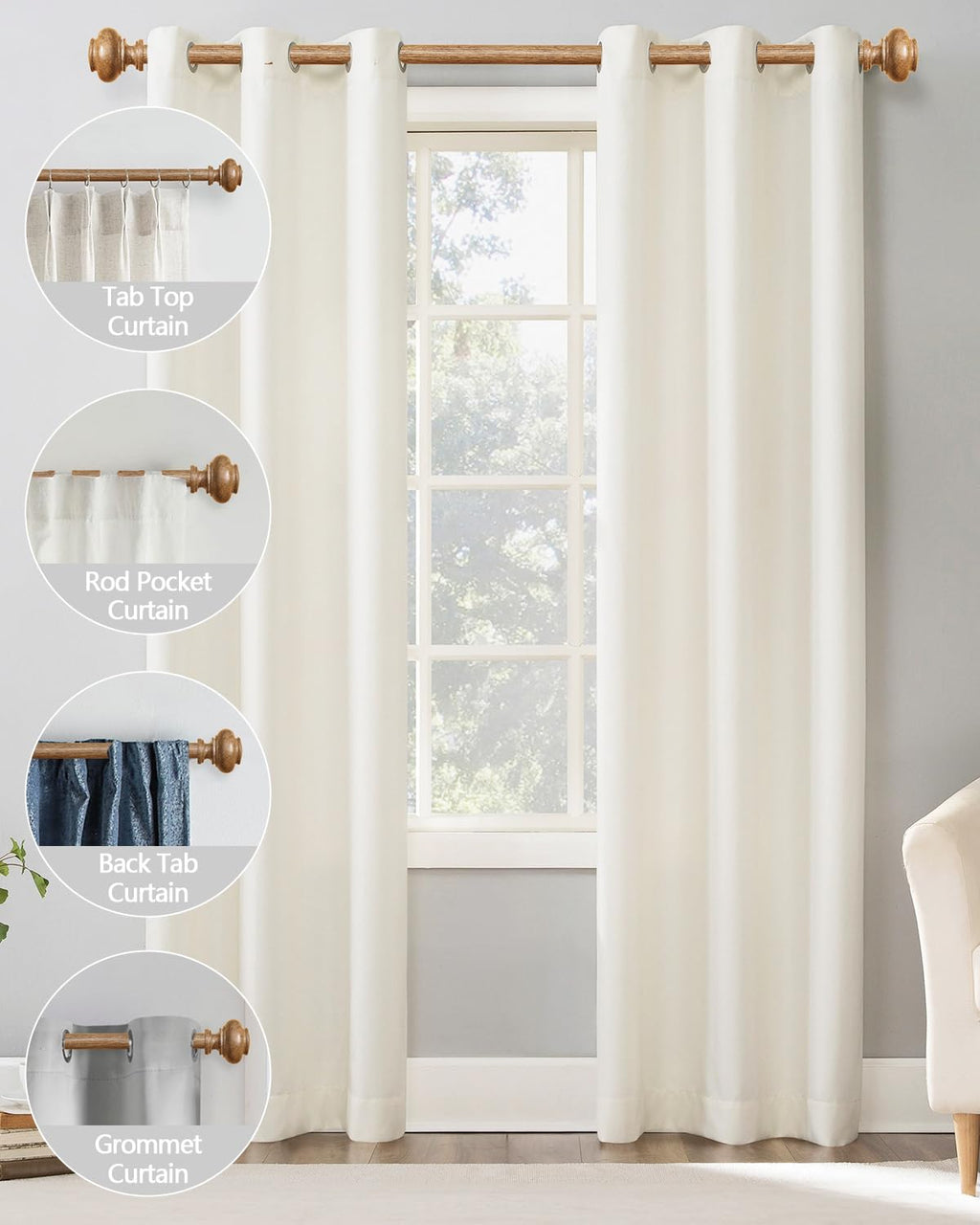 Wood Curtain Rods for Windows 48 to 84 Inch, 1 Inch Adjustable Curtain Rod Heavy Duty Wood Grain Boho Drapery Rods Decorative Farmhouse Rustic Outdoor Curtains Rod