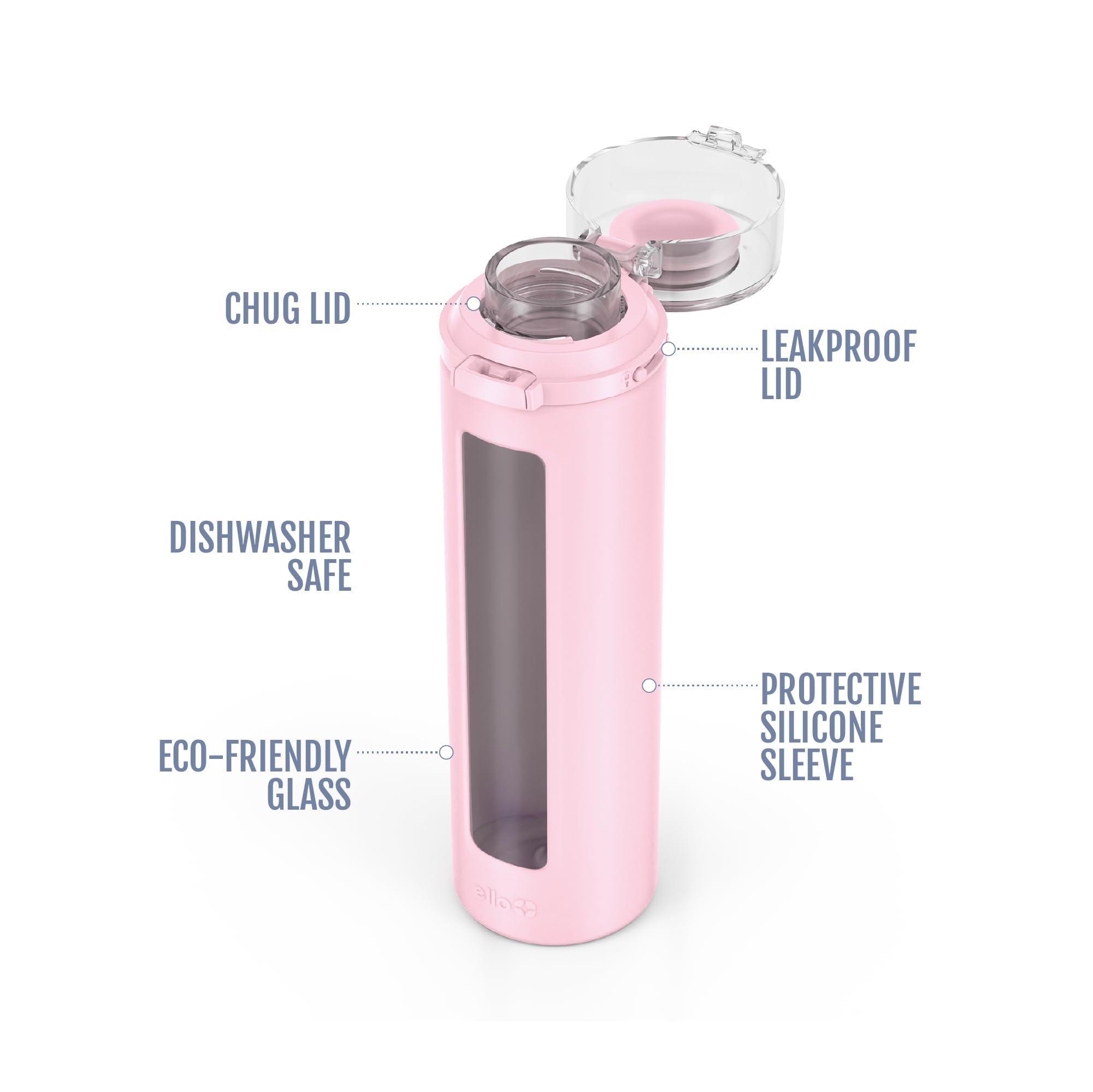 Ello Syndicate 20oz Reusable Glass Water Bottle with One-Touch Leak Proof Flip Lid, Protective Non-Slip Silicone Sleeve, Carry Loop for Coffee, Tea and Water, BPA-free, Dishwasher Safe, Cashmere Pink
