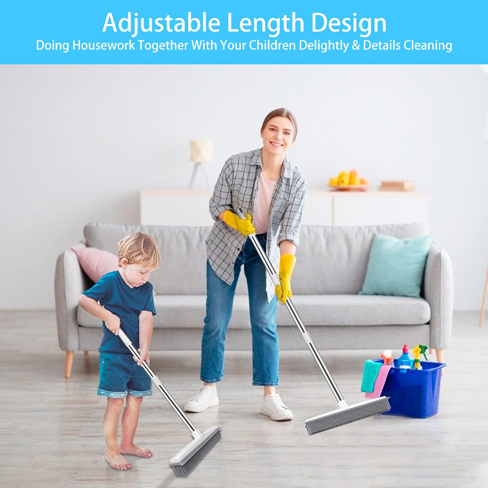 Push Broom Pet Hair Removal Broom with Squeegee, Soft Silicone Bristle Broom with 47" Adjustable Long Handle, Non Scratch Carpet Sweeper Brush for Cat/Dog Hair Hardwood Tile Windows