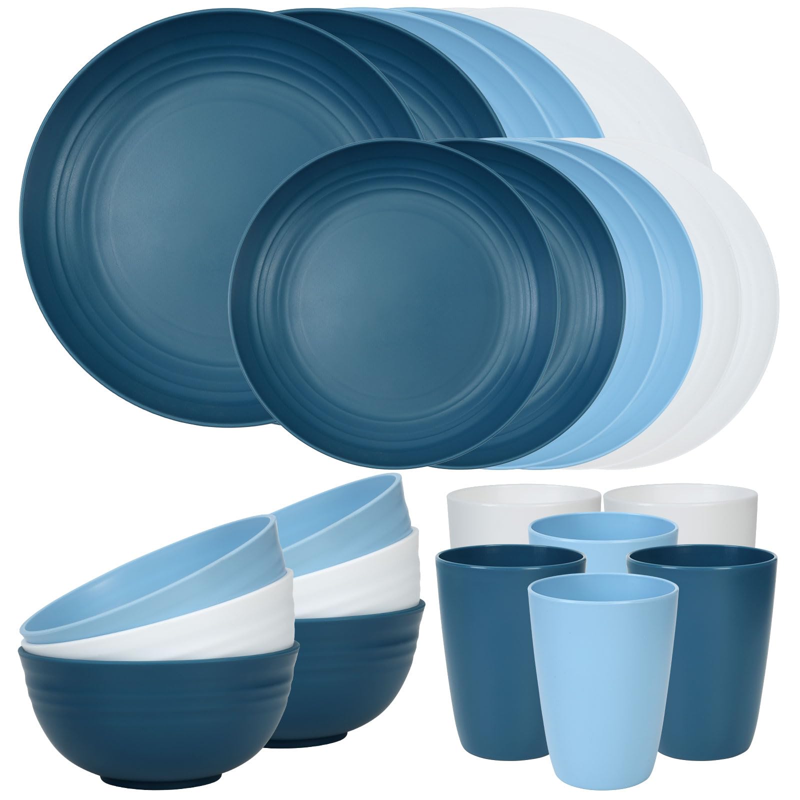 Quatish 24 Piece Plastic Plates and Bowls Sets for 6, Unbreakable Plastic Dinnerware Sets, Dish Set for Camping, Dishwasher Microwave Safe, Outdoor Kitchen and Apartment Dinning Essentials, Blue