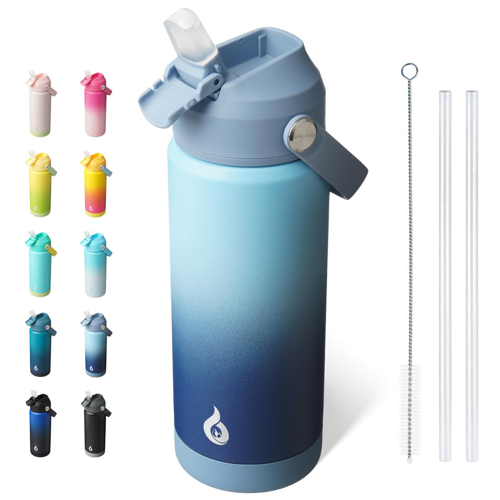 BJPKPK Insulated Water Bottle with Straw Lid, 18oz Thermo Water Bottles with Soft Nozzle, Flex Handle & Non-Slip Boot, BPA Free Leak Proof Stainless Steel Metal Thermo, Tumblers, Cups,Sky