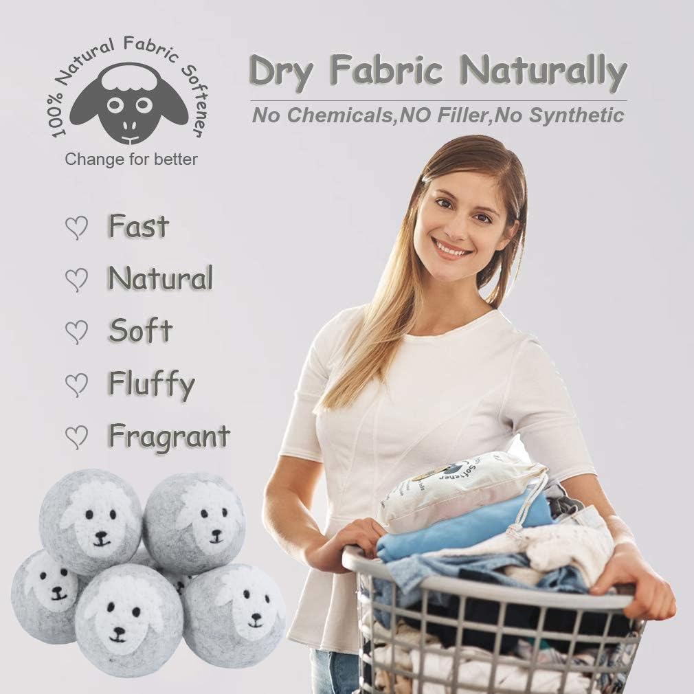 Budieggs Wool Dryer Balls Organic XL 6-Pack, 100% New Zealand Chemical Free Fabric Softener for 1000+ Loads, Baby Safe & Hypoallergenic, Reduce Wrinkles & Shorten Drying Time (Grey Sheep-6pcs)