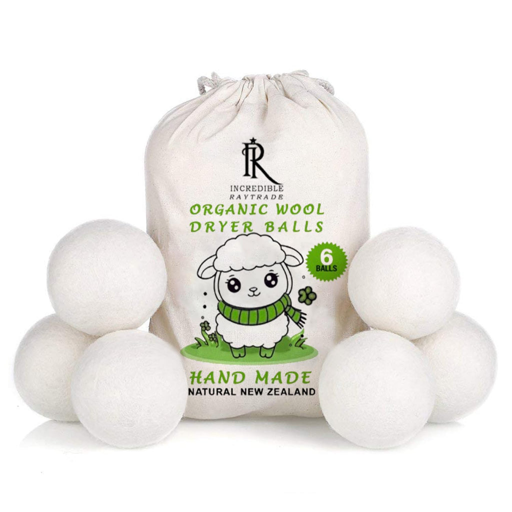 RAYTRADE XL Wool Dryer Balls 6-Pack 100% Made of Organic New Zealand Wool Reduces Clothing Wrinkles and Saves Drying Time Reusable Natural Fabric Softener Stocking Stuffer Gifts (White)