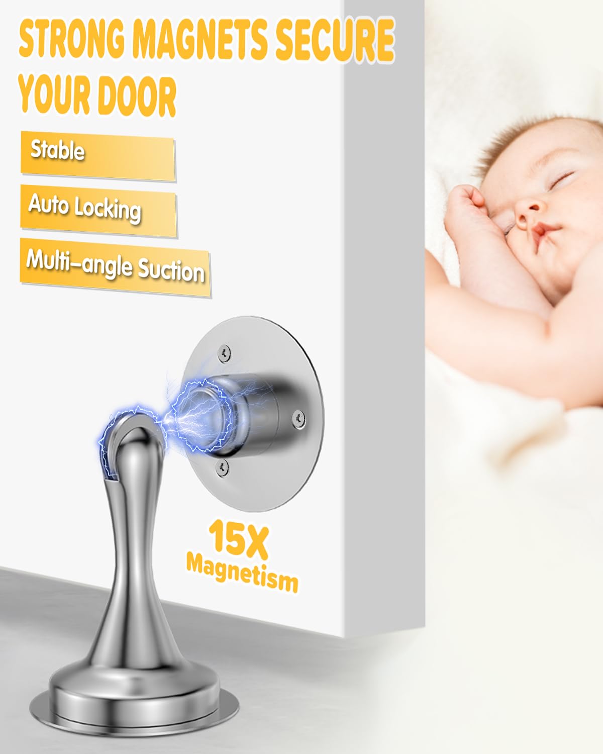 Door Stoppers Magnetic Door Catch - 2 Pack Stainless Steel Heavy Duty Door Holder Stops for Bottom Top of Door - Wall Floor Mounting No Drill Adhesive & Screws Strong Magnet Keep Door Open(Silver)