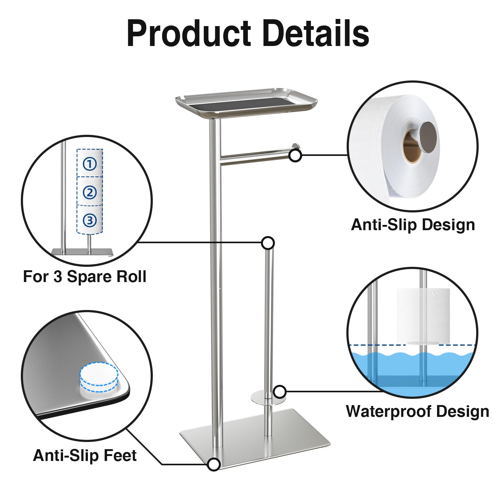 Toilet Paper Holder Stand with Top Storage Shelf, Silver Toilet Paper Roll Holder Free Standing, Floor Standing Toilet Roll Dispenser Storages 4 Reserve Rolls, CAA75CH046