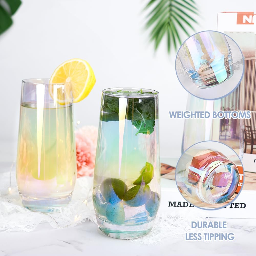 Swetwiny Colorful Highball Glasses, 18.5 Ounce Iridescent Glassware Set of 4 Lead-Free Crystal Glassware Drinking Glasses Set for Mixed Drinks, Water, Juice, Beer, Cocktail
