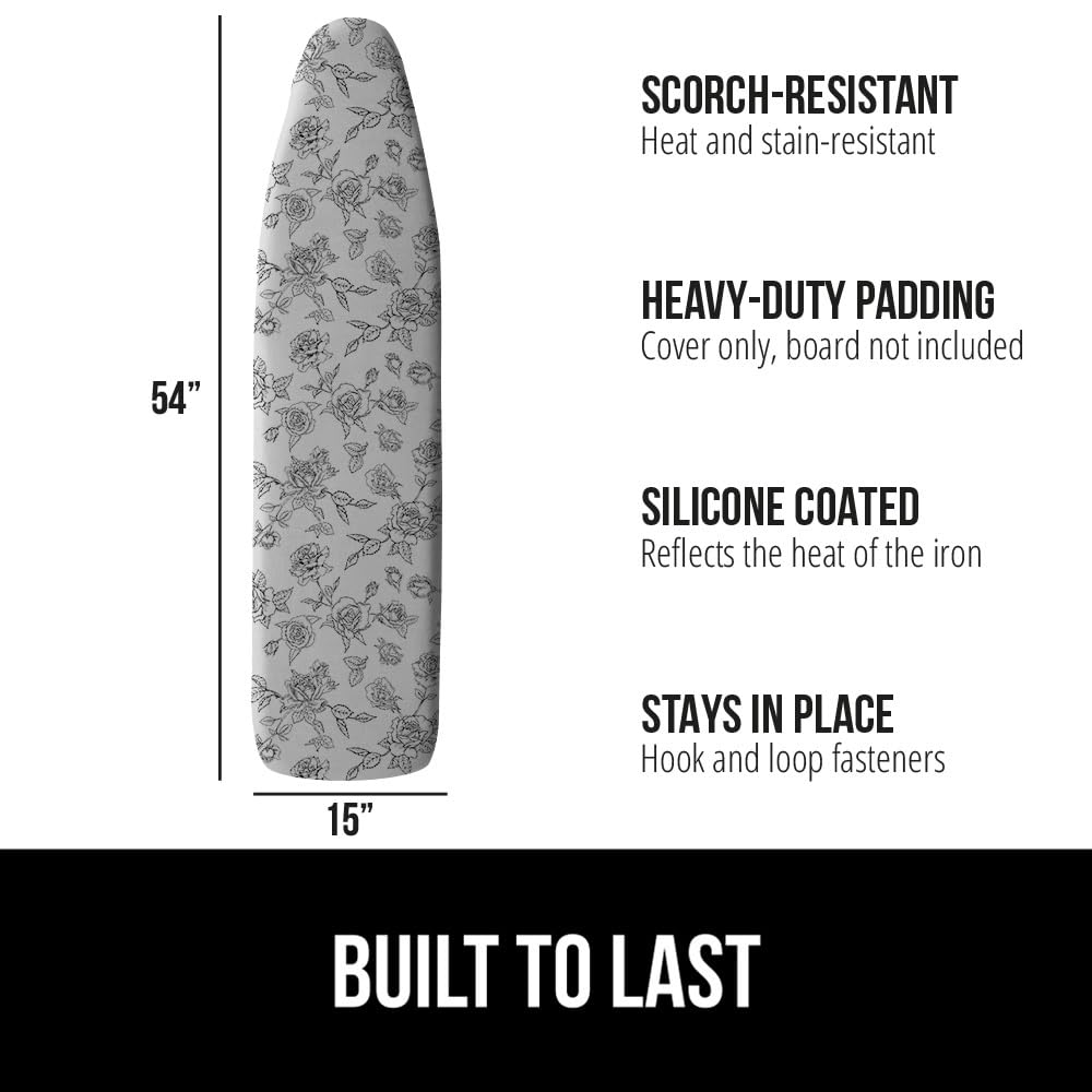 GORILLA GRIP Reflective Silicone Ironing Board Cover, Resist Scorching and Staining, 15x54, Hook and Loop Fastener Straps, Pads Fit Large and Standard Boards, Elastic Edge, Thick Padding, Gray Floral