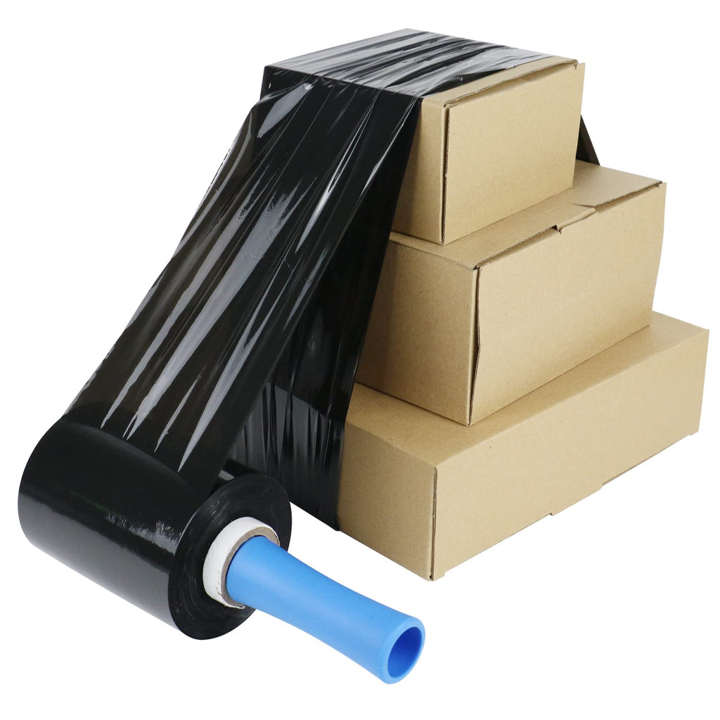 BOMEI PACK Black Stretch Wrap Film Roll, Plastic Shrink Wrap for Moving 5 inch x 1000 ft, 4 Packs with 1Plastic Handle