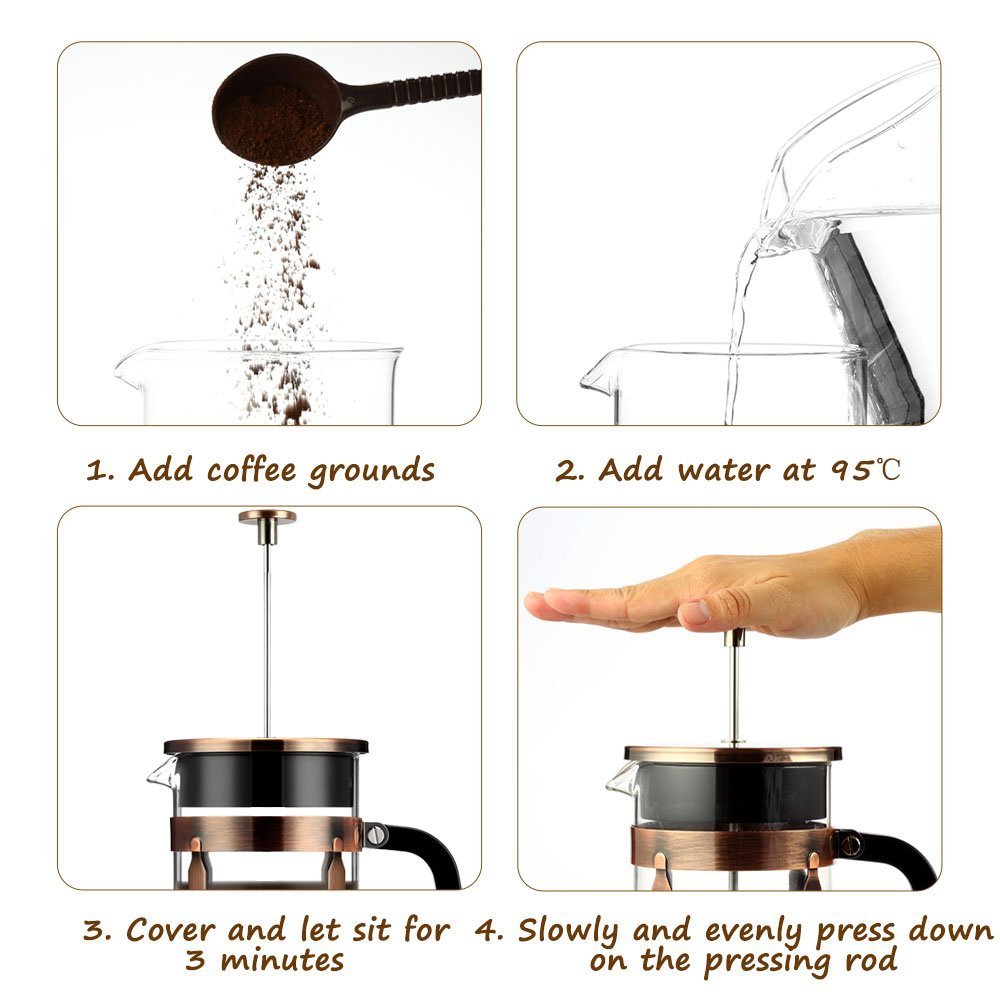 French Press, Premium 8 Cup 34-Ounce No Grounds Coffee Tea Maker, 4 Level Filtration System & Extra 4 Filters Screen, 2 Spoons for Measuring and Mixing, Heat-Resistant Borosilicate Glass