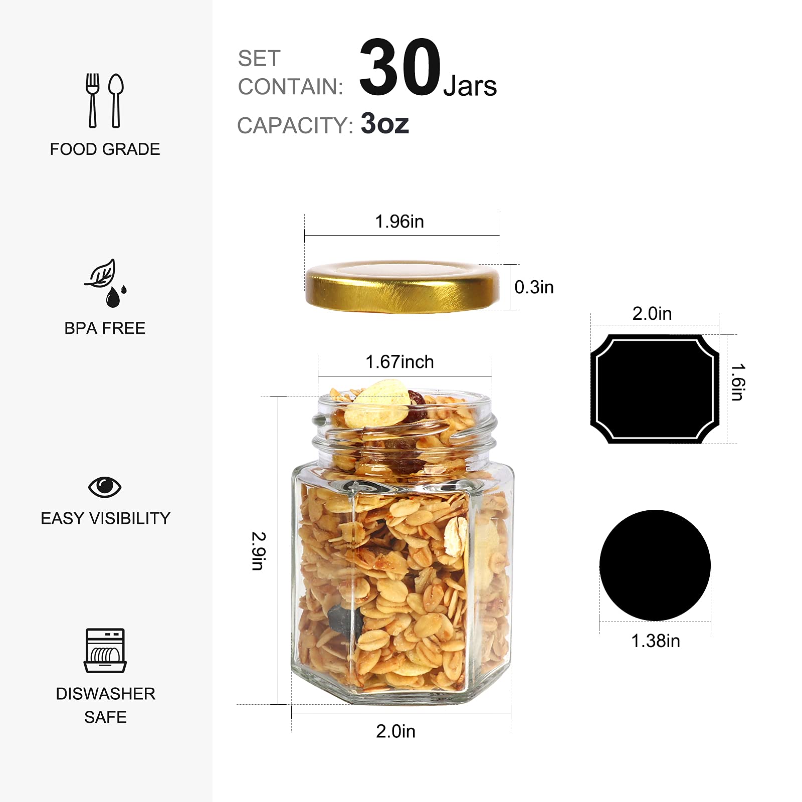 BIGIVACA 30 Pack 3 oz (90 ml) Hexagon Glass Jars with Gold Lids – Clear Mini Mason Jars for Canning, Honey, Jams, Herbs, Wedding Favors, Crafts – Includes 1 Pen + 80 Labels