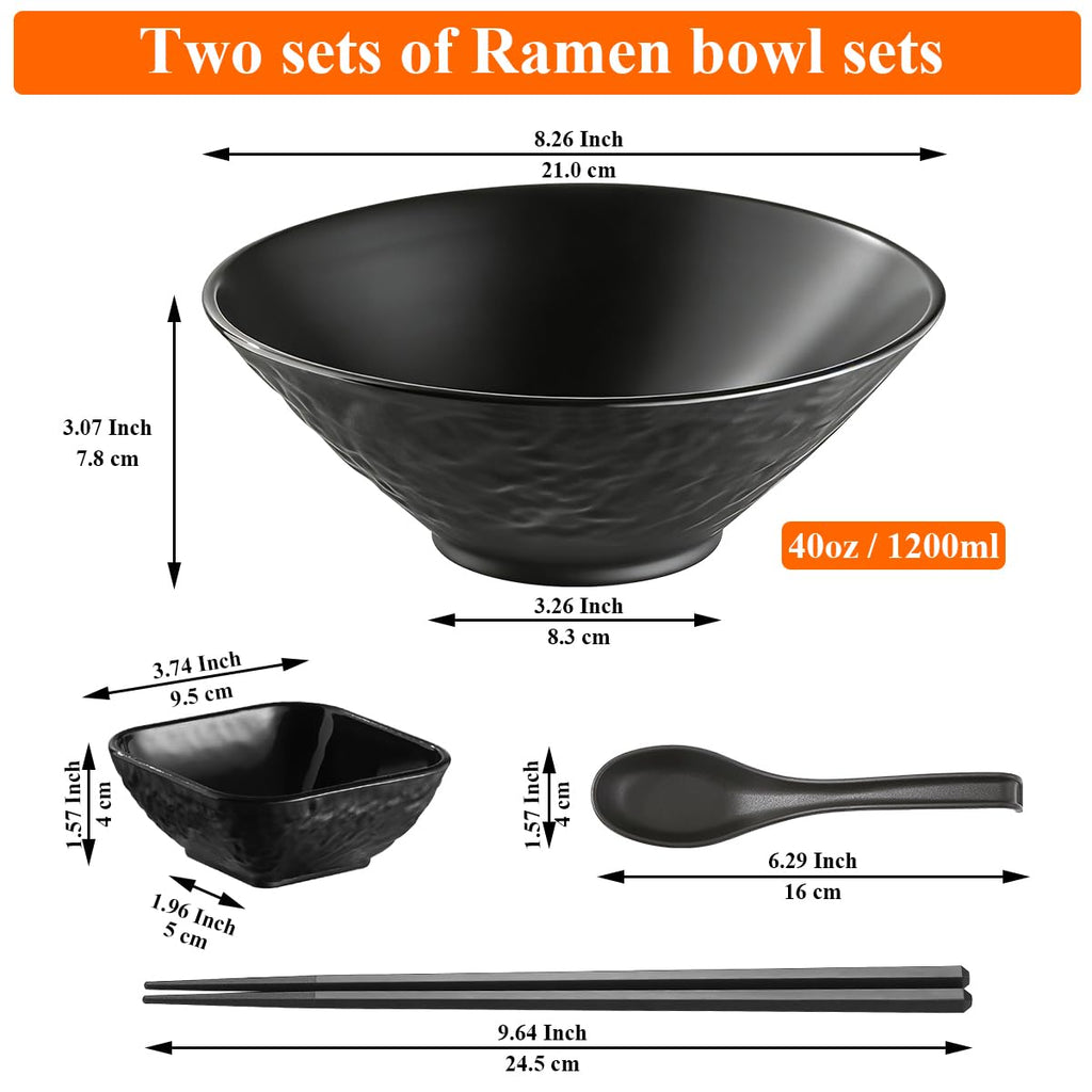Kyraton Ramen Bowl Set 1200ml with Chopsticks Dipping Bowls and Spoons: 2 Large Unbreakable Japanese Style Plastic Noodle Soup Bowls for Asian Pho Soup Thai Miso Udon Wonton (Black, White)