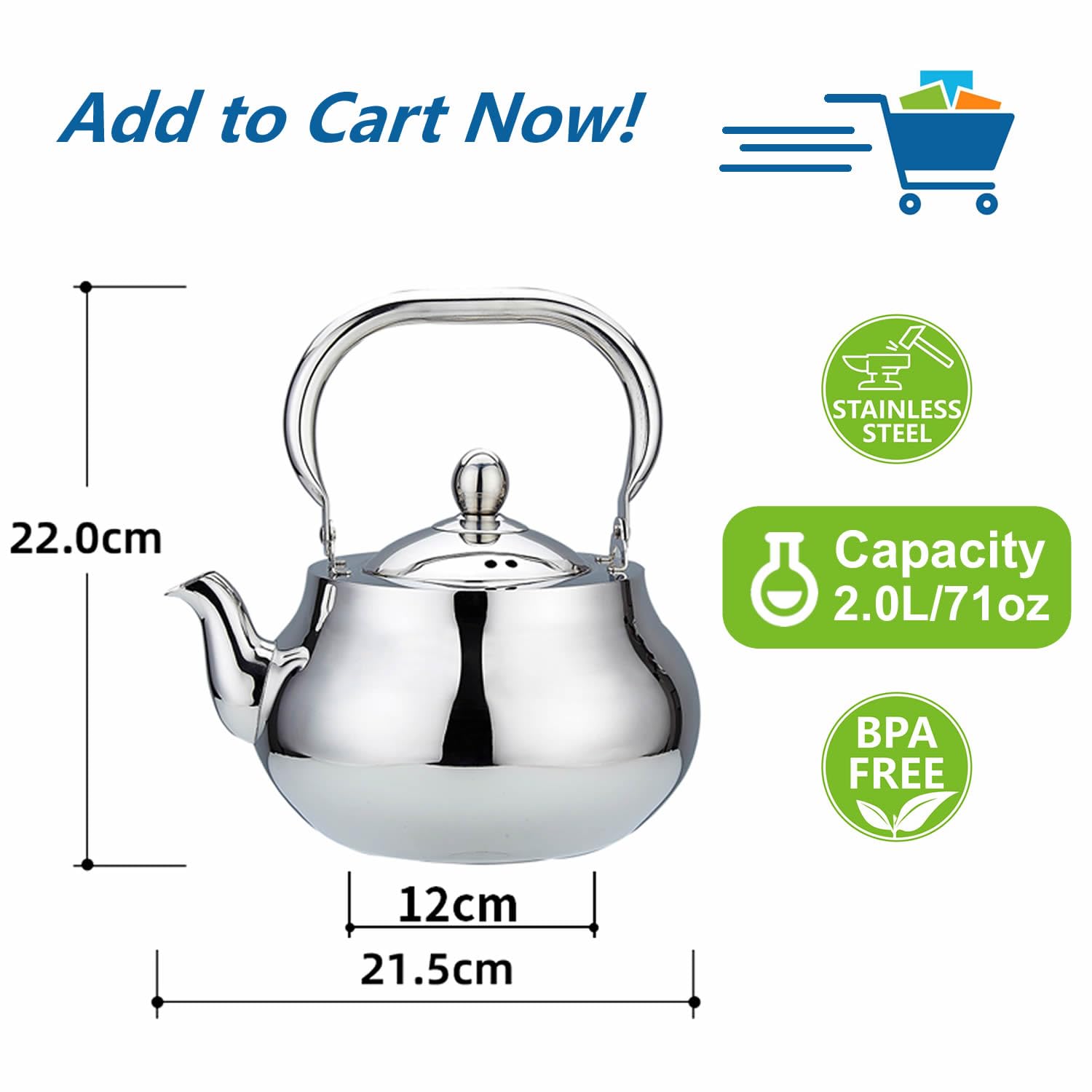 SANQIAHOME Stainless Steel Teapot with Removeable Infuser 71 oz (2000ml) Thickened Mirror Polished Stovetop Tea Maker for Herbal and Infusion