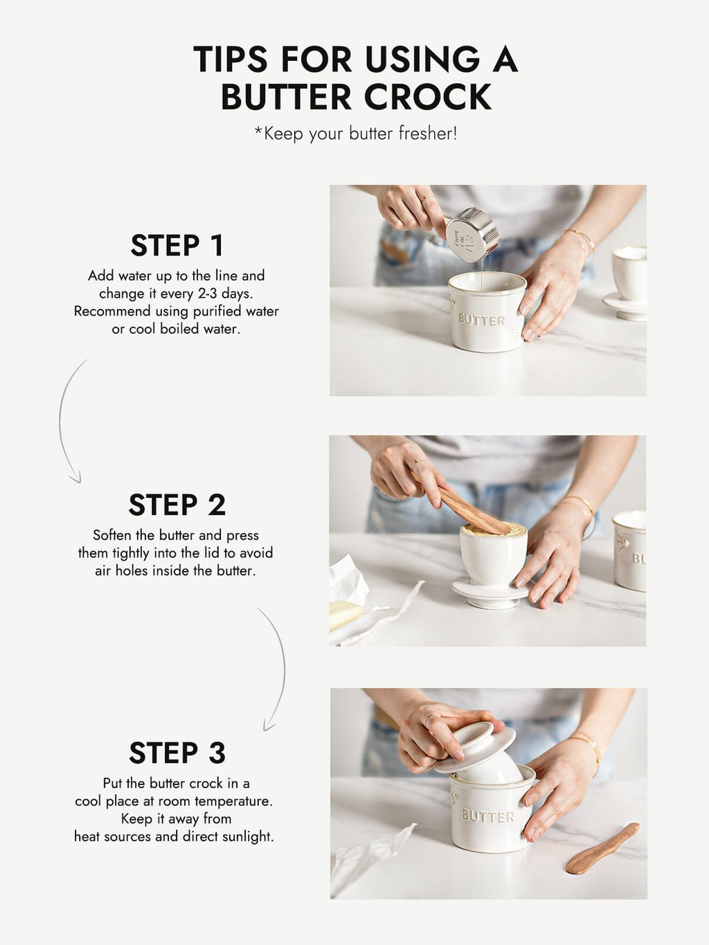 LE TAUCI Butter Crock, Butter Dish with Lid, Butter Container for Counter with Water Line, Embossed French Butter Keeper for Spreadable Butter, Suit for Housewarming - Set of 1, Arctic White, Bee