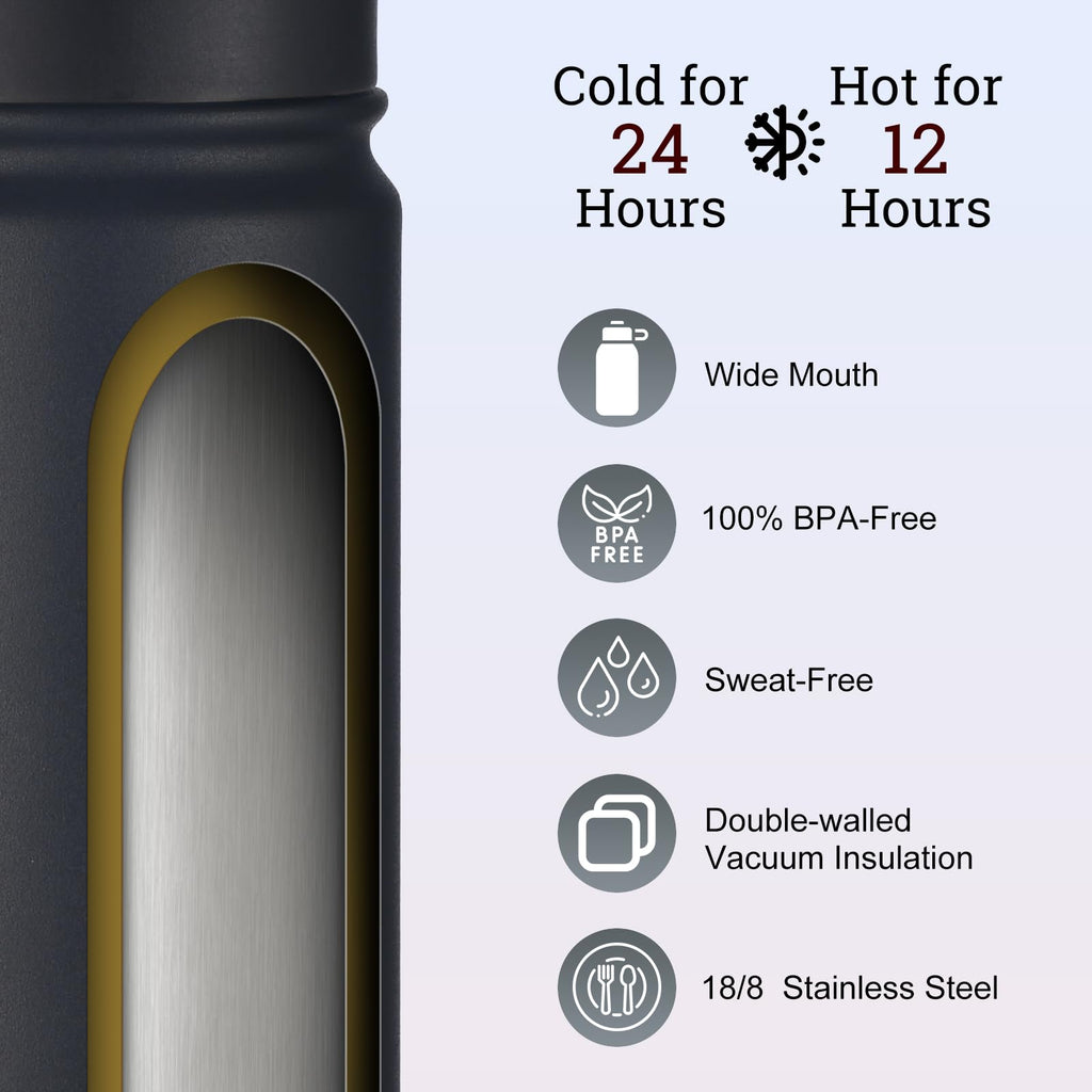 mininoo Insulated Stainless Steel Water Bottle with Straw and Lid for Sports, 24 oz, Black