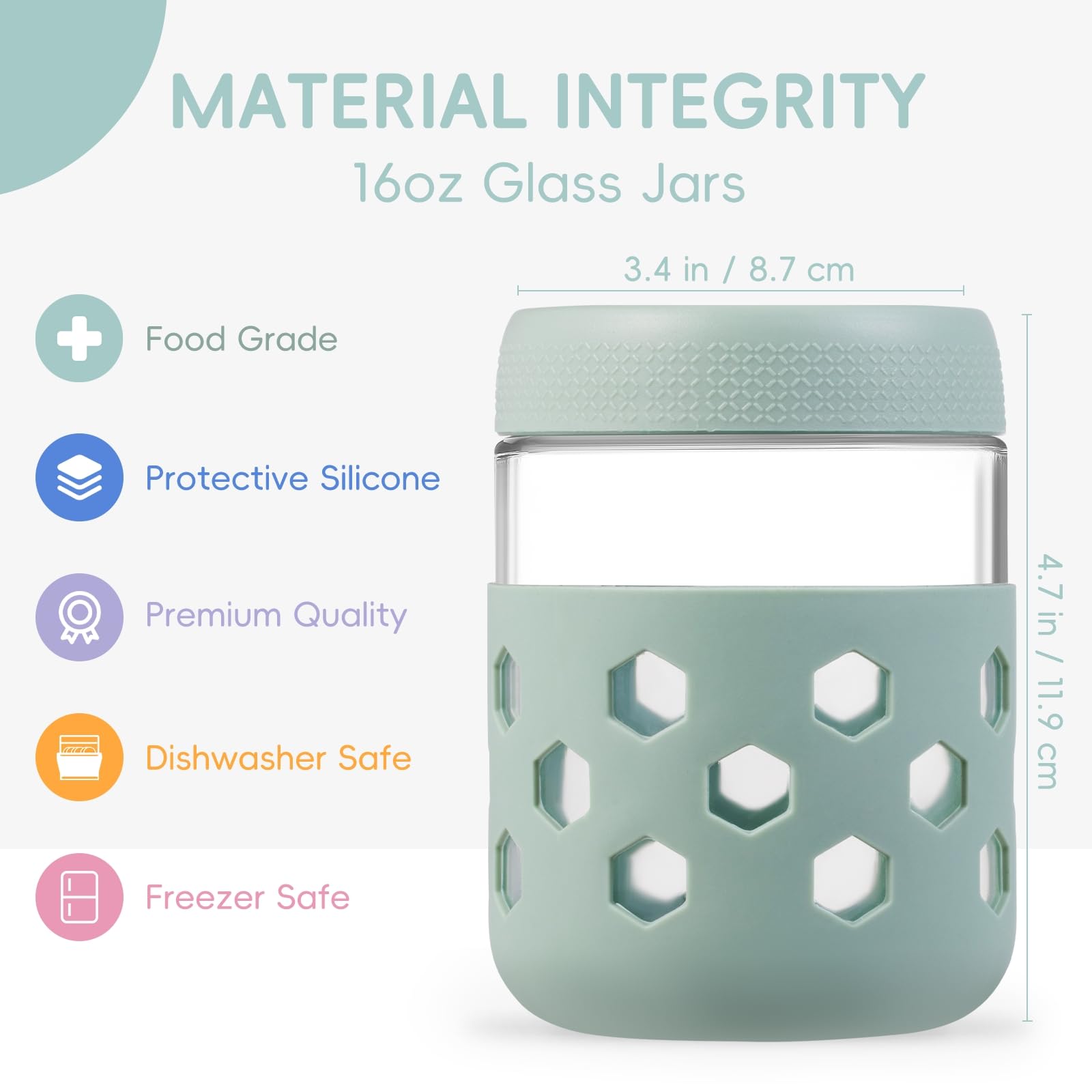 Mrsdry 6 Pack Overnight Oats Jar, Mason Jars with Lids and Protective Silicone Sleeve, 16 oz Glass Chia Pudding Jars, Mason Salad Meal Prep Jar for Yogurt Oatmeal (Pastel Cream, 16oz)