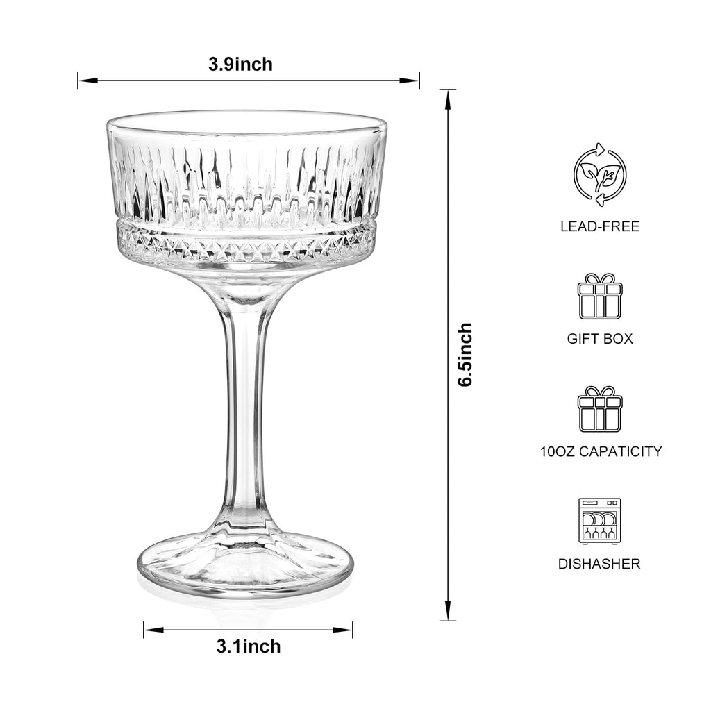 Paysky Coupe Glasses Set of 6,Hand-blow10 Oz Vintage Cocktail Glasses,Ribbed Martini Glasses for Espresso Martini, Champagne,Cosmopolitan,Manhattan,Cocktail Party,Cocktail Glassware Set