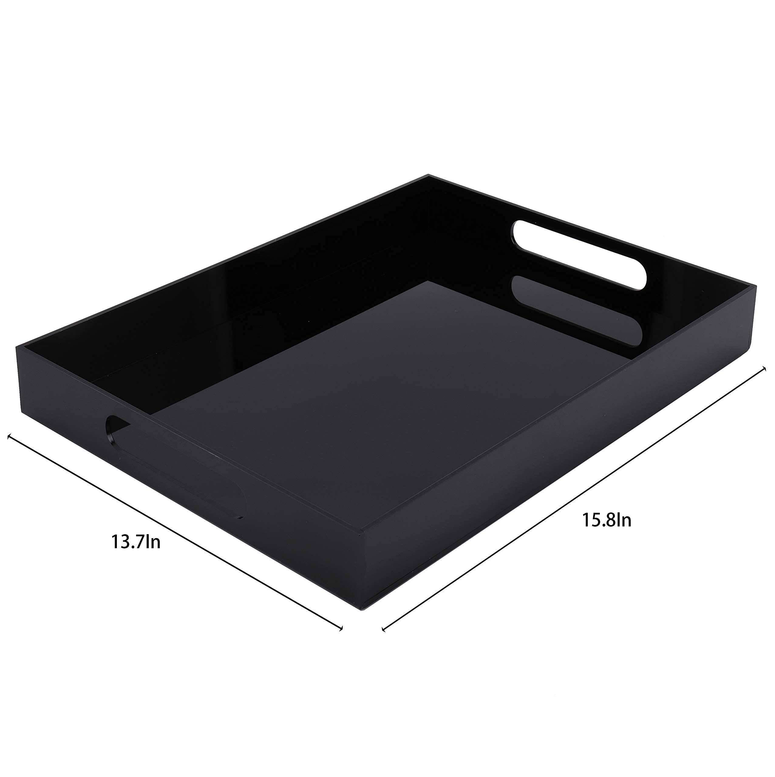 WUWEOT Acrylic Serving Tray, 16" x 12" Spill Proof Rectangle Tray with Handle for All Occasion's, Decorative Tray Organiser for Food, Tea, Breakfast, Ottoman or Coffee Table, Black