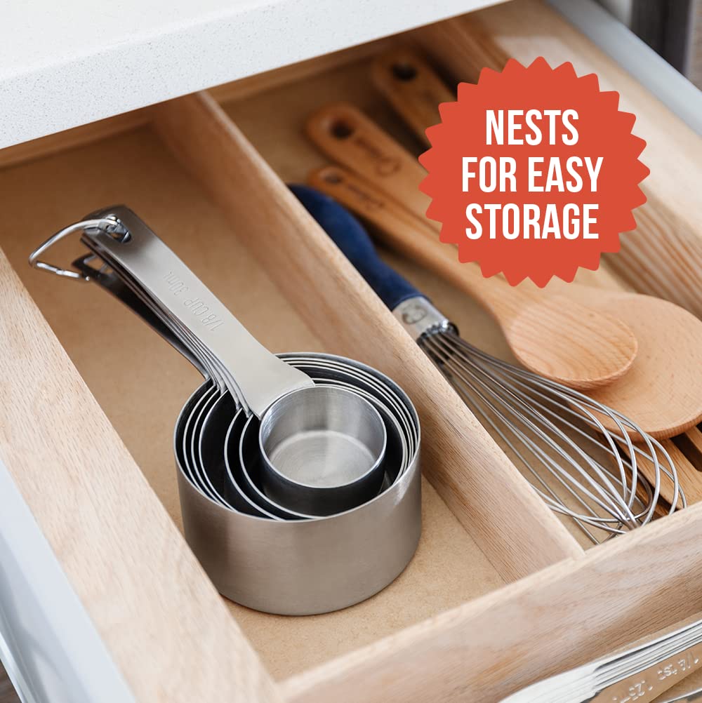 Chef Pomodoro Stainless Steel Measuring Cup Set, Nested and Stackable with 7 Pieces, Sturdy Extra-Long Handles with Lasered Markings and Sorting Ring, Metal Kitchen Spoons for Wet and Dry Ingredients