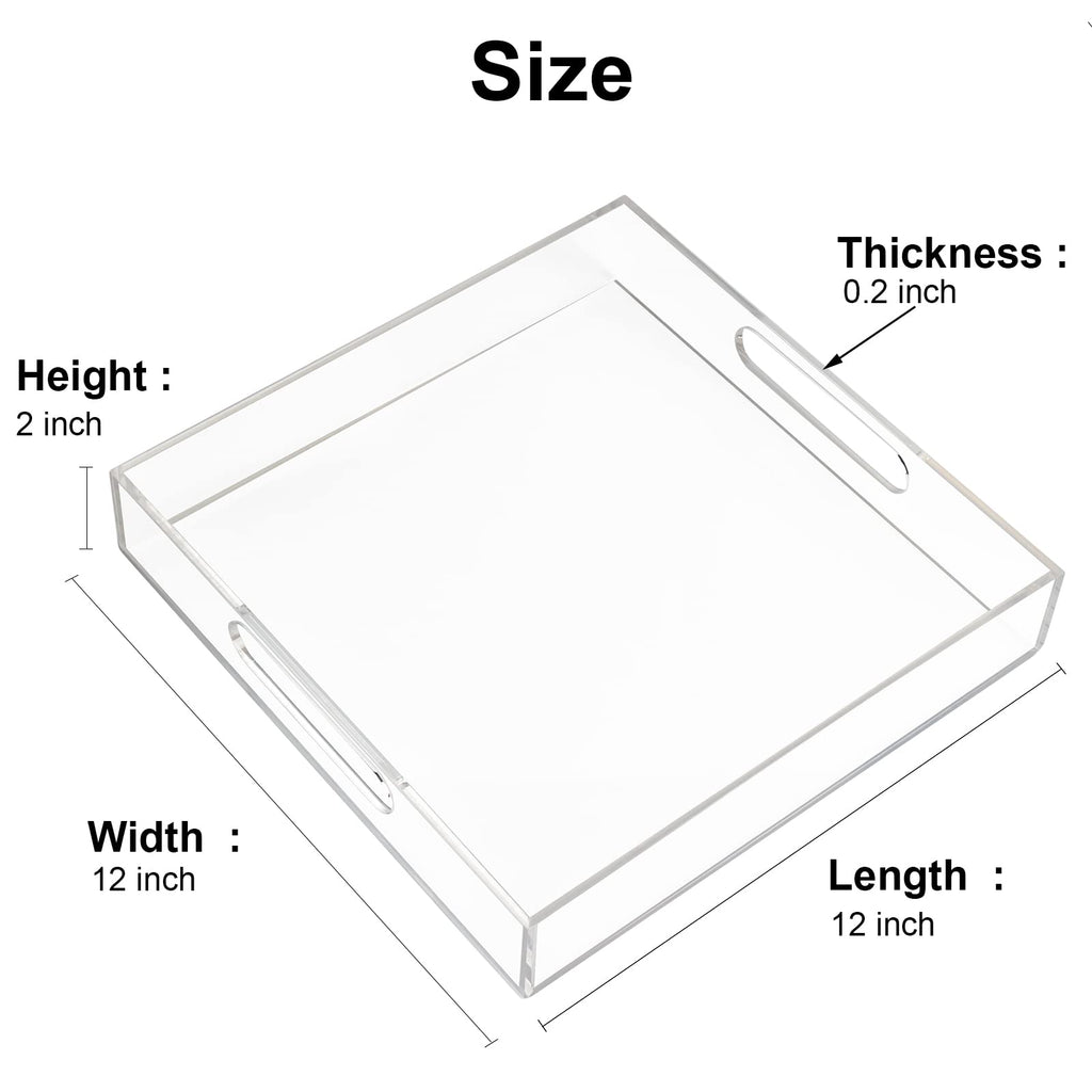 Acrylic Serving Tray 12x12 Inch, Clear Rectangular Tray with Handle, Decorative Ottoman Organizer for Appetizer, Breakfast, Coffee Table, Countertop, Bathroom