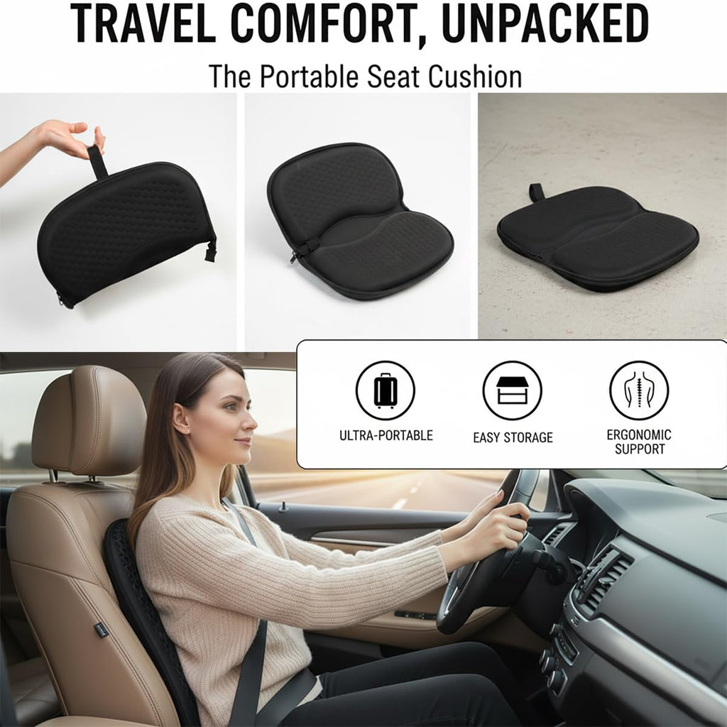 Foldable Honeycomb Seat Cushion with Zipper & Handle, Portable Gel Seat Cushion with Ventilative Cover & Anti-Skid Bottom, Portable Butt Pillow for Chairs 15.8x13.3x1.4 Inches (Black)