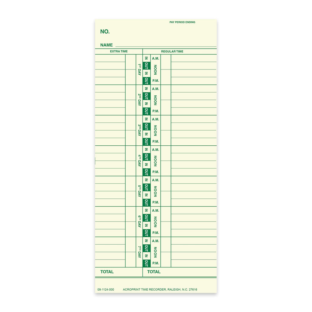 Acroprint Weekly Timecards- 09-1124-000 for ES900/125/150 Models. Bilingual 250 Pack