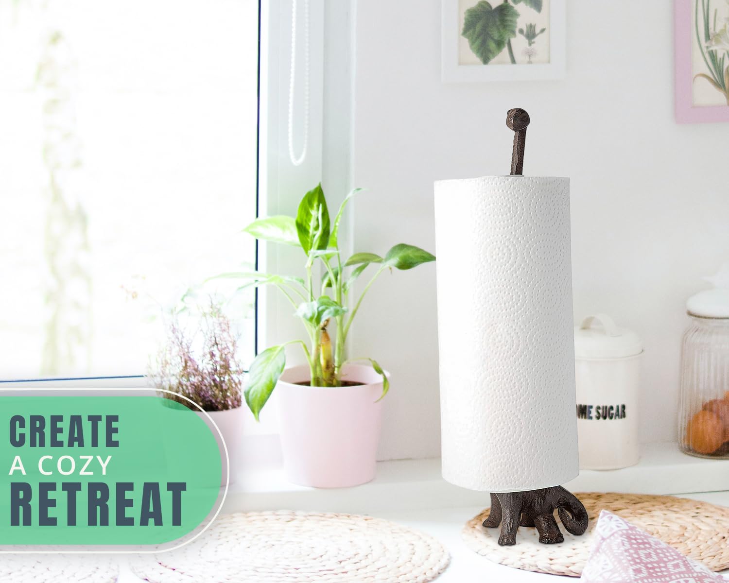 Comfify Cast Iron Dinosaur Paper Towel Holder or Free Standing Toilet Paper Holder - Rustic Brown w/Vintage Finish