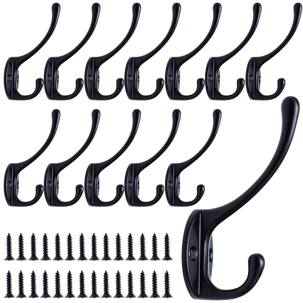 Dual Coat Hooks, Heavy Duty Wall Mounted Double Prong Robe Hooks, 13 Pack Utility Rustic Hooks with Screws for Coat, Scarf, Bag, Towel, Key, Cap, Cup, Hat (Black)