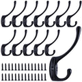 Dual Coat Hooks, Heavy Duty Wall Mounted Double Prong Robe Hooks, 13 Pack Utility Rustic Hooks with Screws for Coat, Scarf, Bag, Towel, Key, Cap, Cup, Hat (Black)