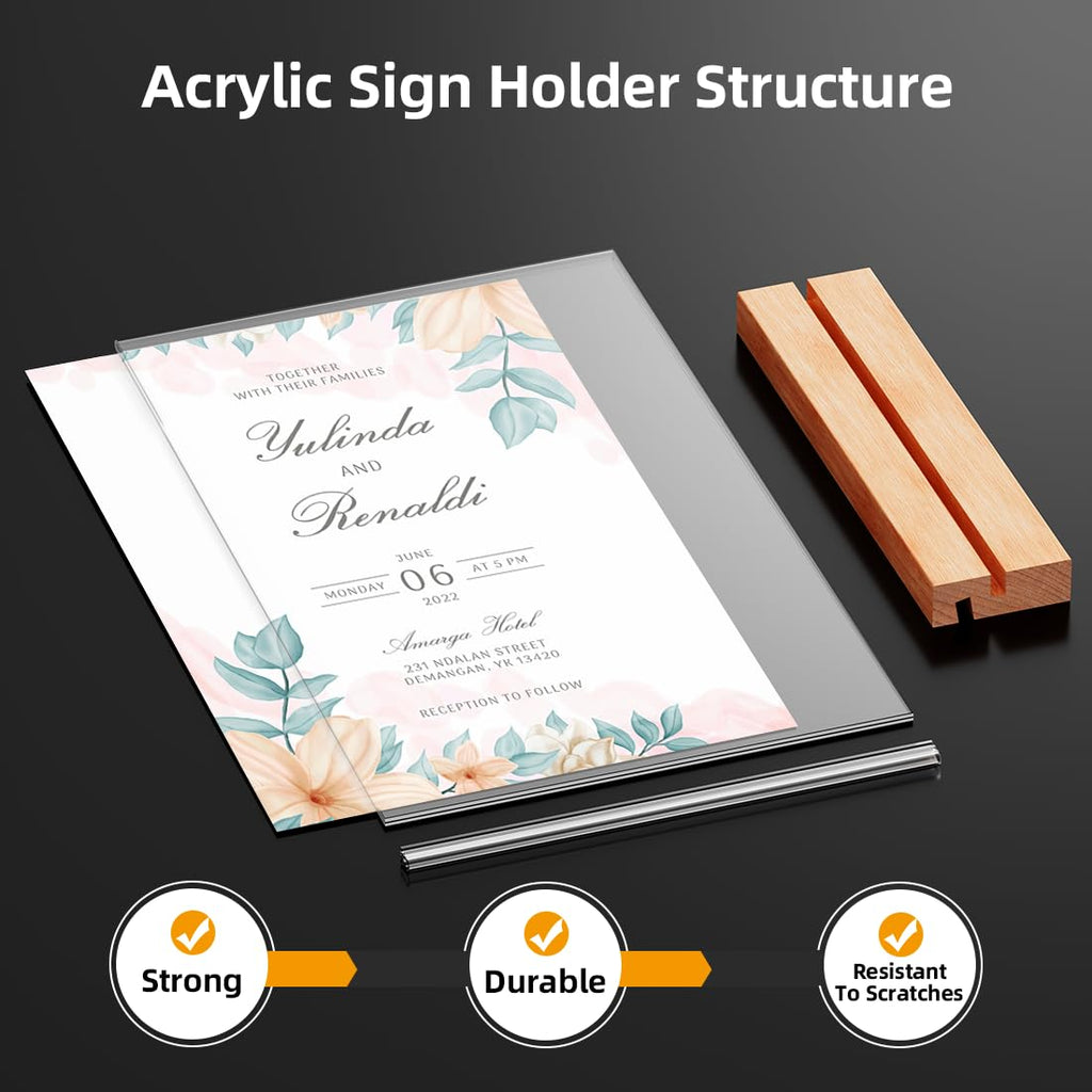 Acrylic Sign Holder 8.5x11, Clear Table Display Stand With Wooden Base, L Shape Slant Back Design Acrylic Frame Plastic Paper Menu Holder Detachable Base Flyer Holder for Office Store Home-3Pack