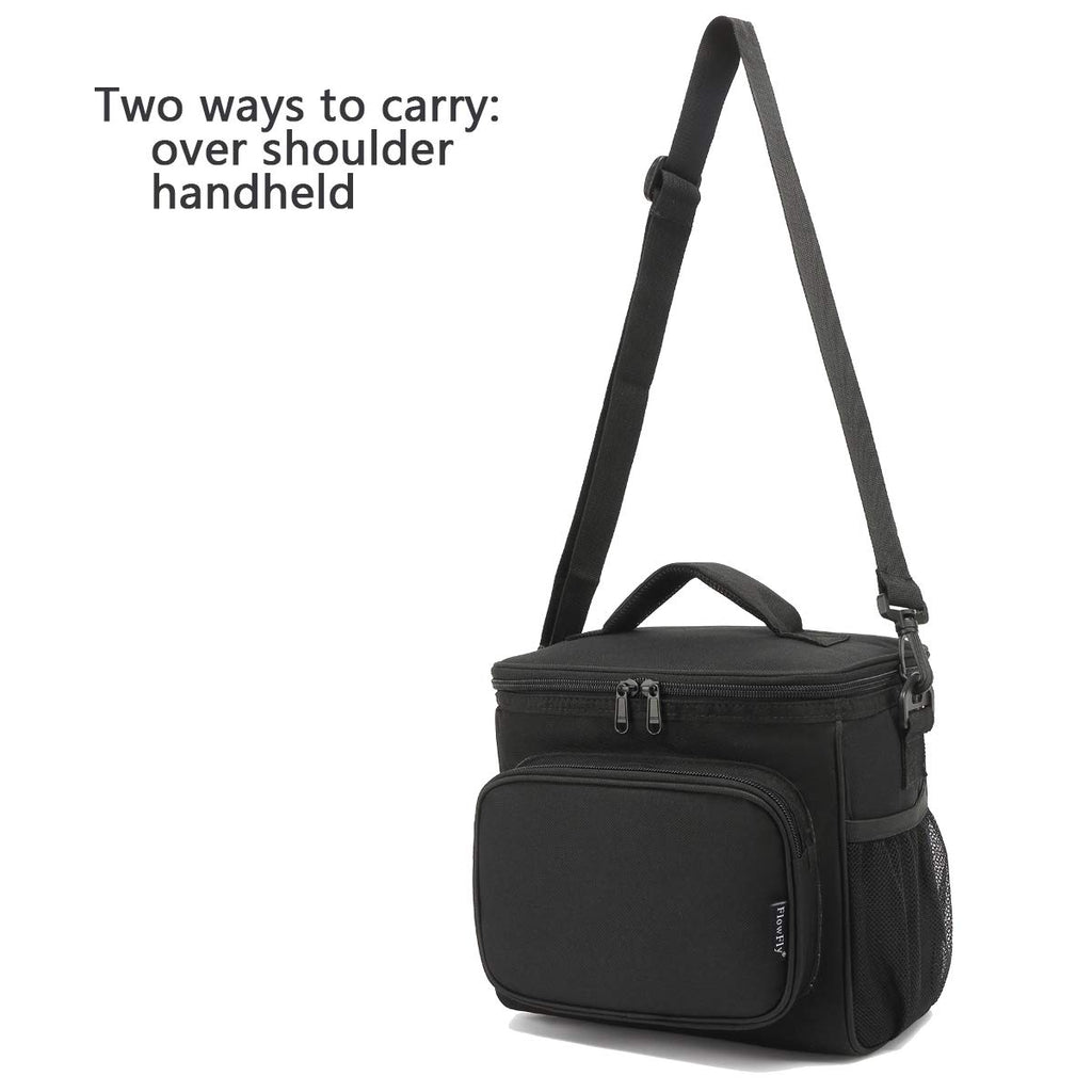 FlowFly Insulated Lunch Bag Adult Lunch Box Large Cooler Tote Bag for Men, Women, with Adjustable Strap,Front Pocket and Dual Large Mesh Side Pockets Black
