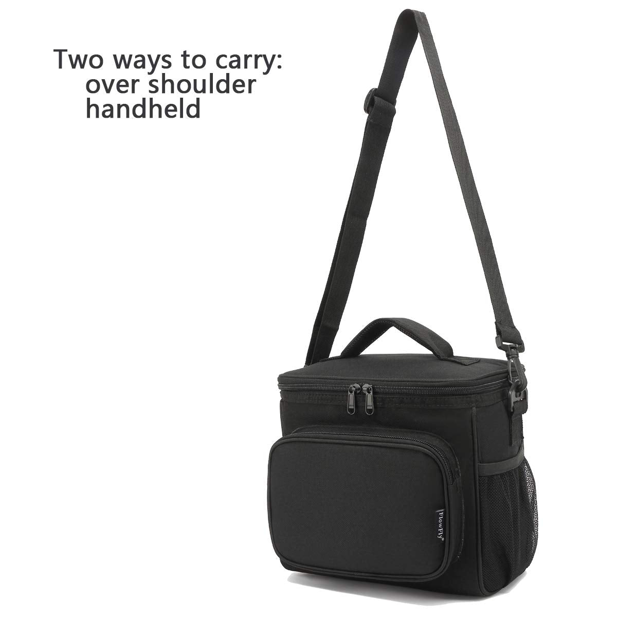 FlowFly Insulated Lunch Bag Adult Lunch Box Large Cooler Tote Bag for Men, Women, with Adjustable Strap,Front Pocket and Dual Large Mesh Side Pockets Black