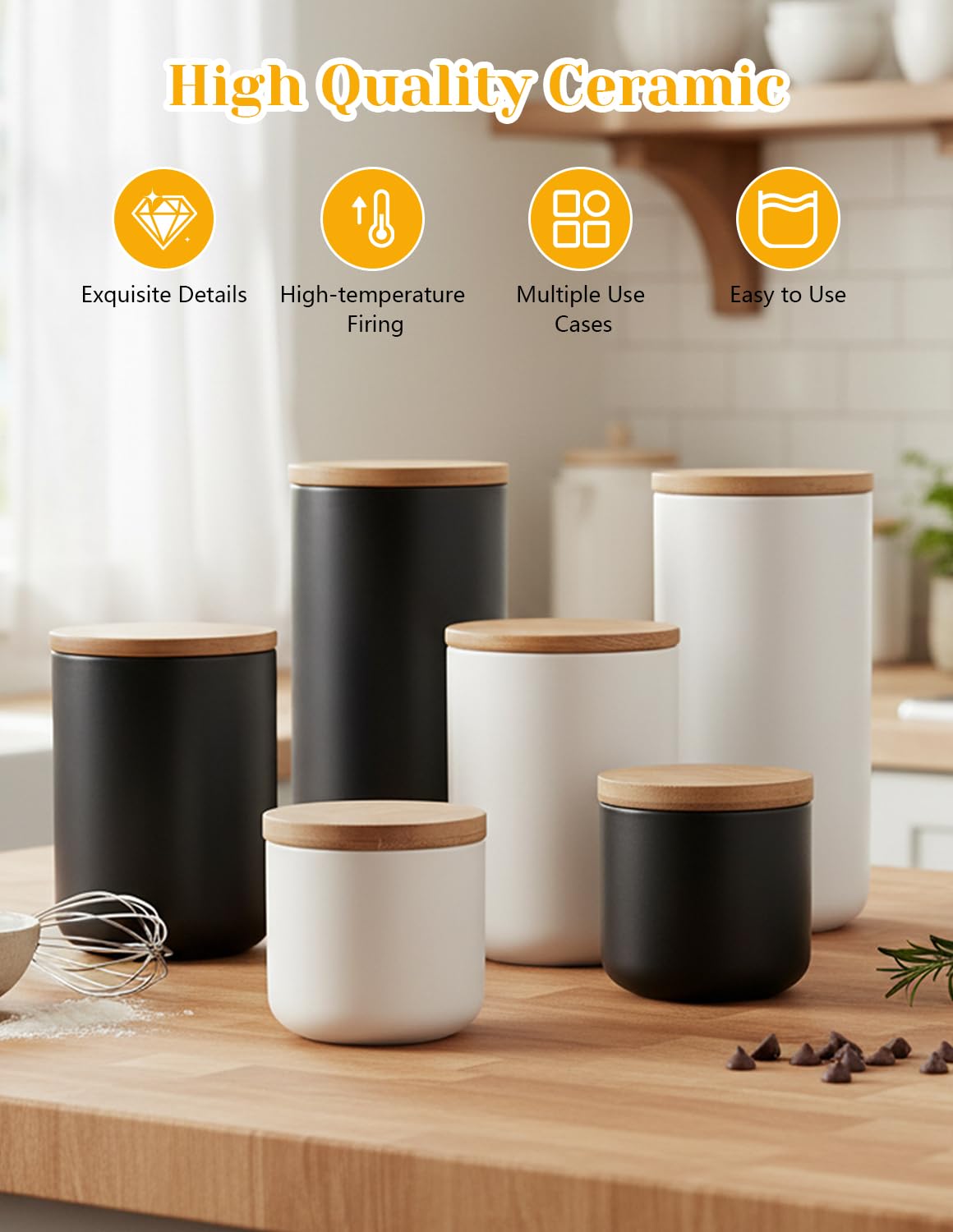 YYW Ceramic Food Storage Jar Containers Kitchen Canisters with Airtight Seal Lid for Coffee Beans Sugar Spices (White, Large)