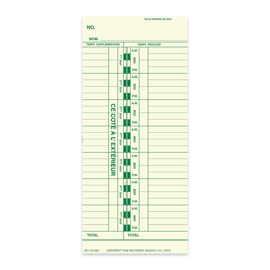 Acroprint Weekly Timecards- 09-1124-000 for ES900/125/150 Models. Bilingual 250 Pack