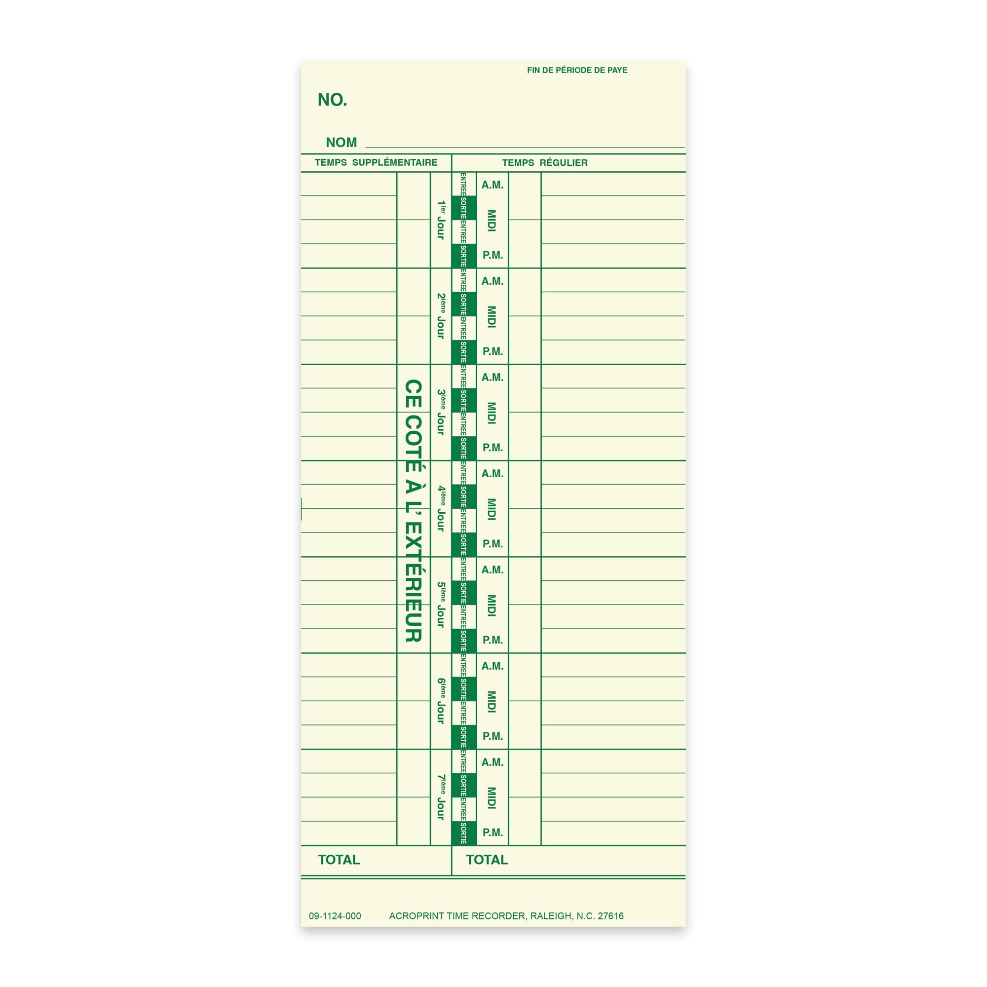 Acroprint Weekly Timecards- 09-1124-000 for ES900/125/150 Models. Bilingual 250 Pack