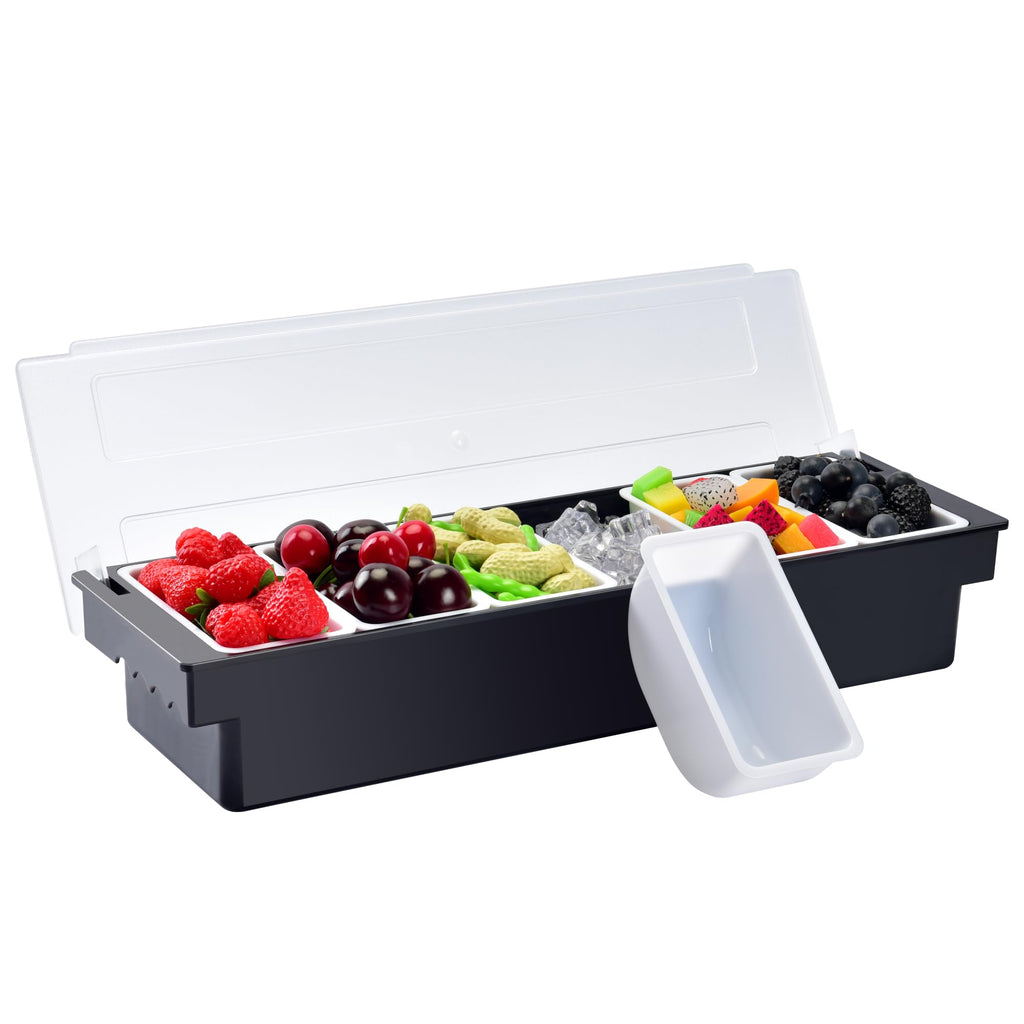 6 Compartment Ice Cooled Condiment Caddy,Sauce Serving Container with Removable Trays & Lid for Salad Bar, Veggie, Fruit, Snack, Party Supplies