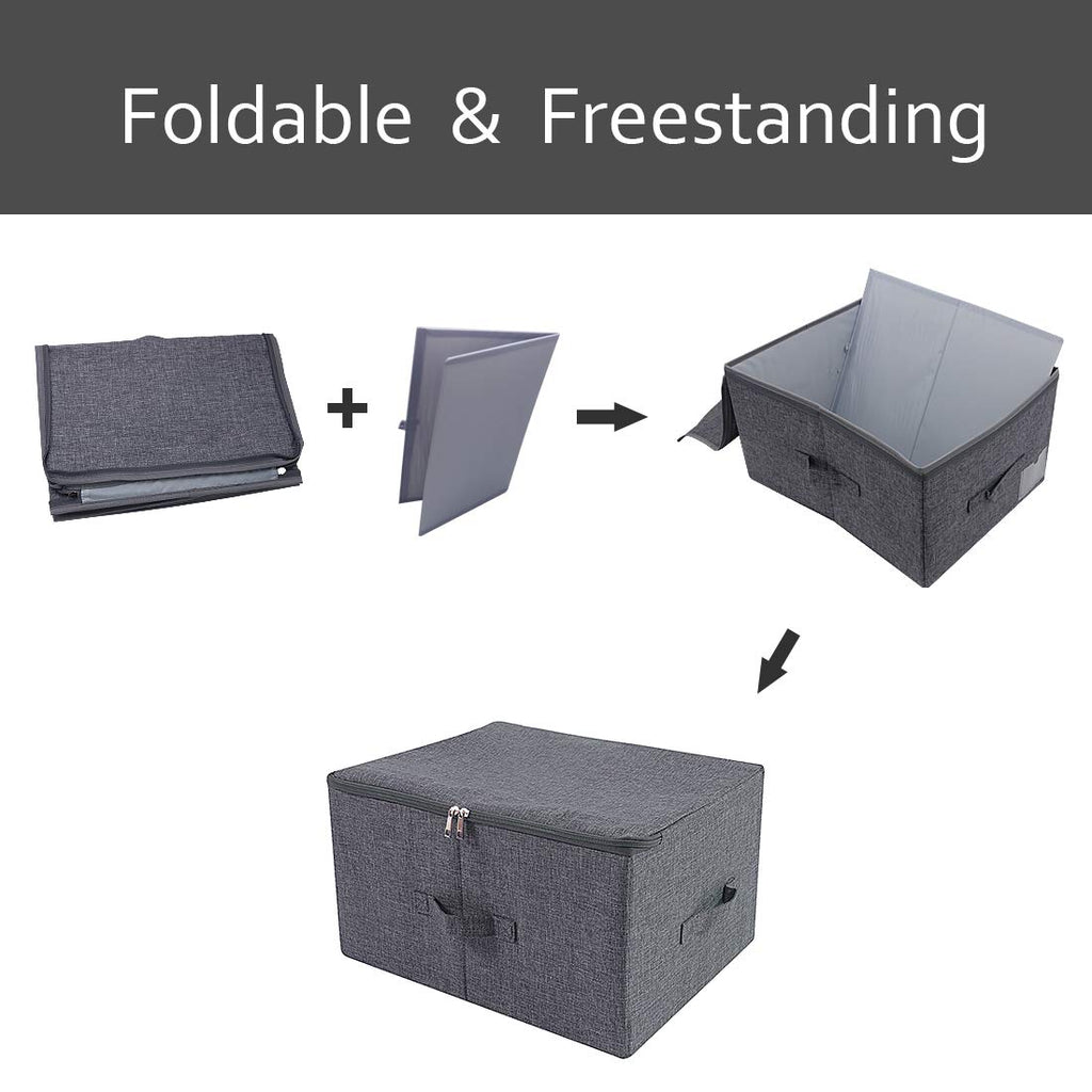 Pack of 2, Zip Lid Stackable Storage Boxes for Clothes Organizer in Wardrobe, Folding & Washable, Black Gray