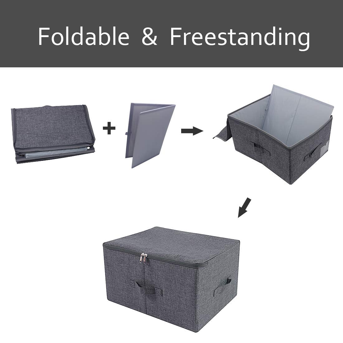 Pack of 2, Zip Lid Stackable Storage Boxes for Clothes Organizer in Wardrobe, Folding & Washable, Black Gray