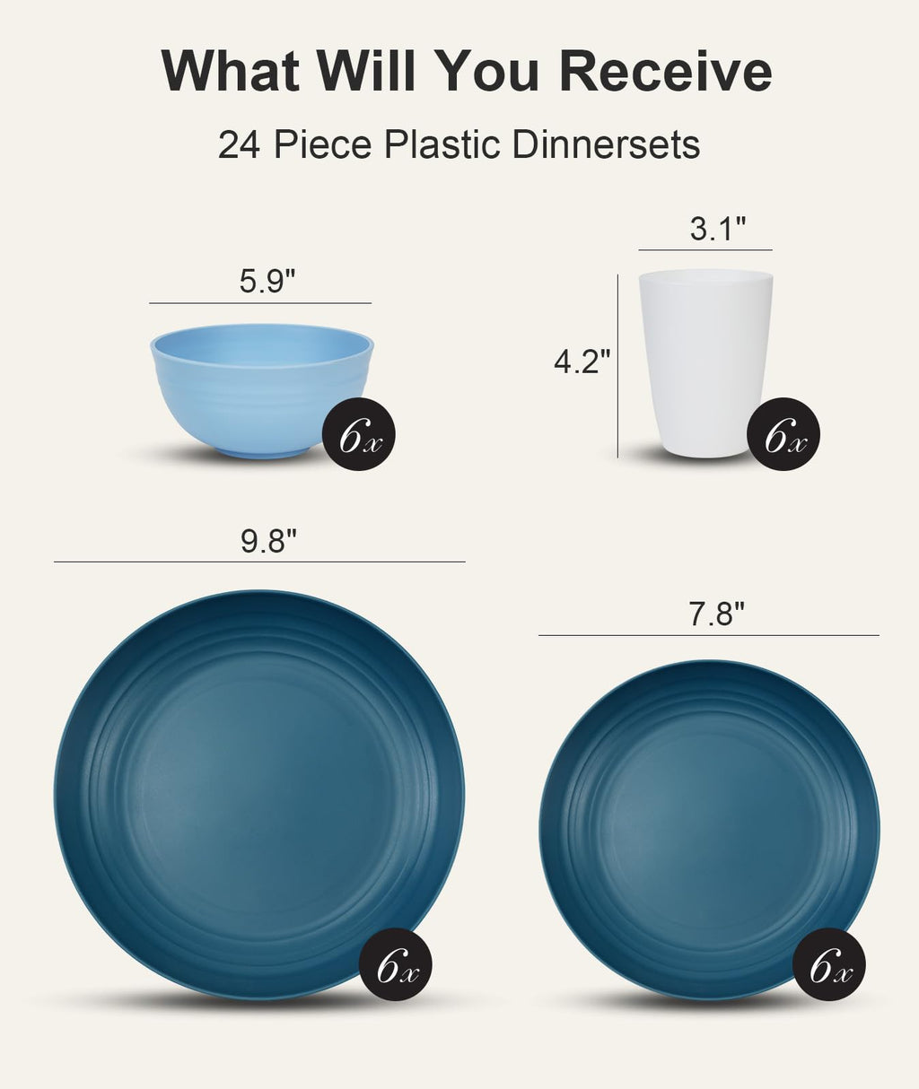 Quatish 24 Piece Plastic Plates and Bowls Sets for 6, Unbreakable Plastic Dinnerware Sets, Dish Set for Camping, Dishwasher Microwave Safe, Outdoor Kitchen and Apartment Dinning Essentials, Blue