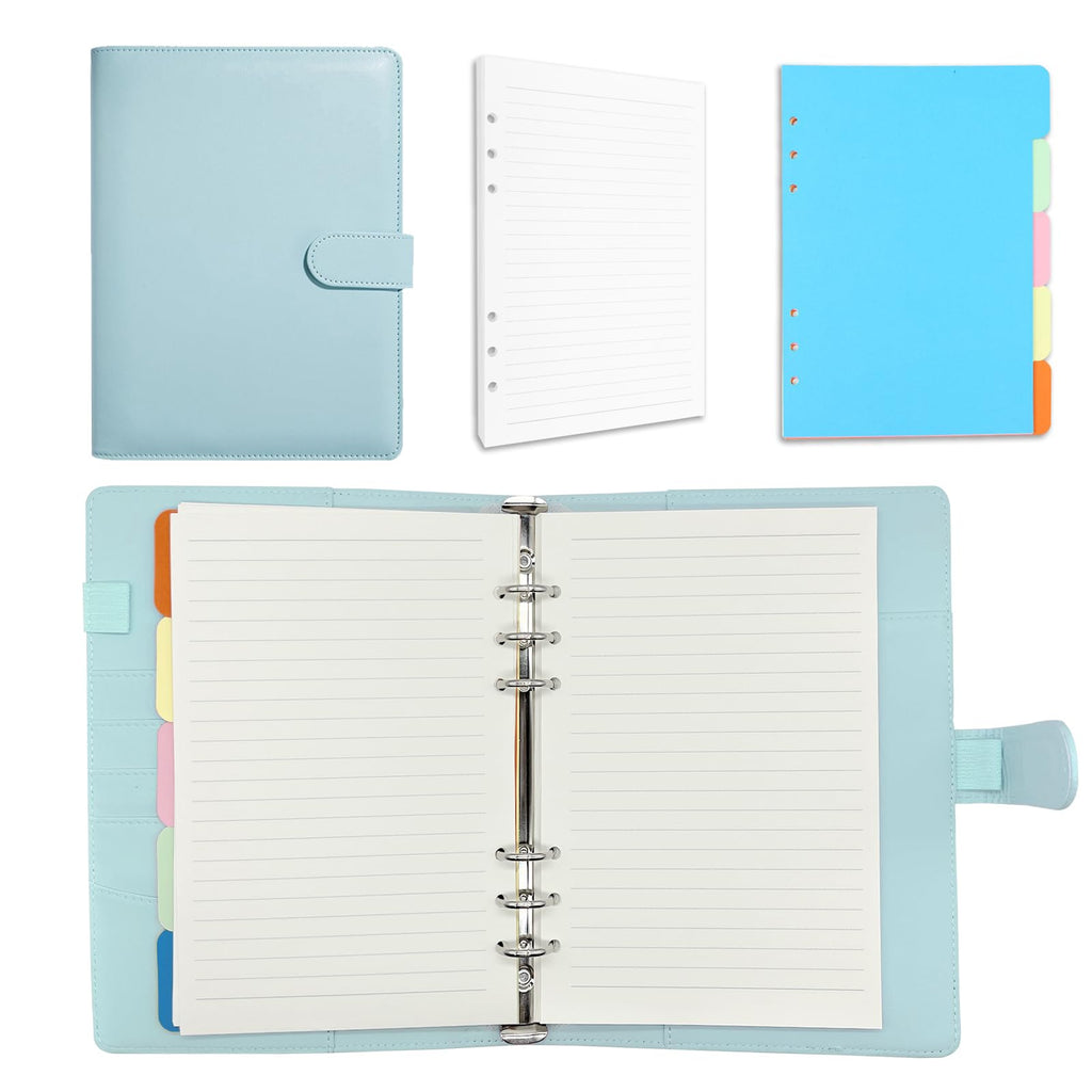 A5 Ring Binder, 6 Ring PU Leather Loose Leaf Notebook Planner Notebook Cover with 45 Sheets A5 Lined Paper, Binder Dividers for School Office Meetings,Blue