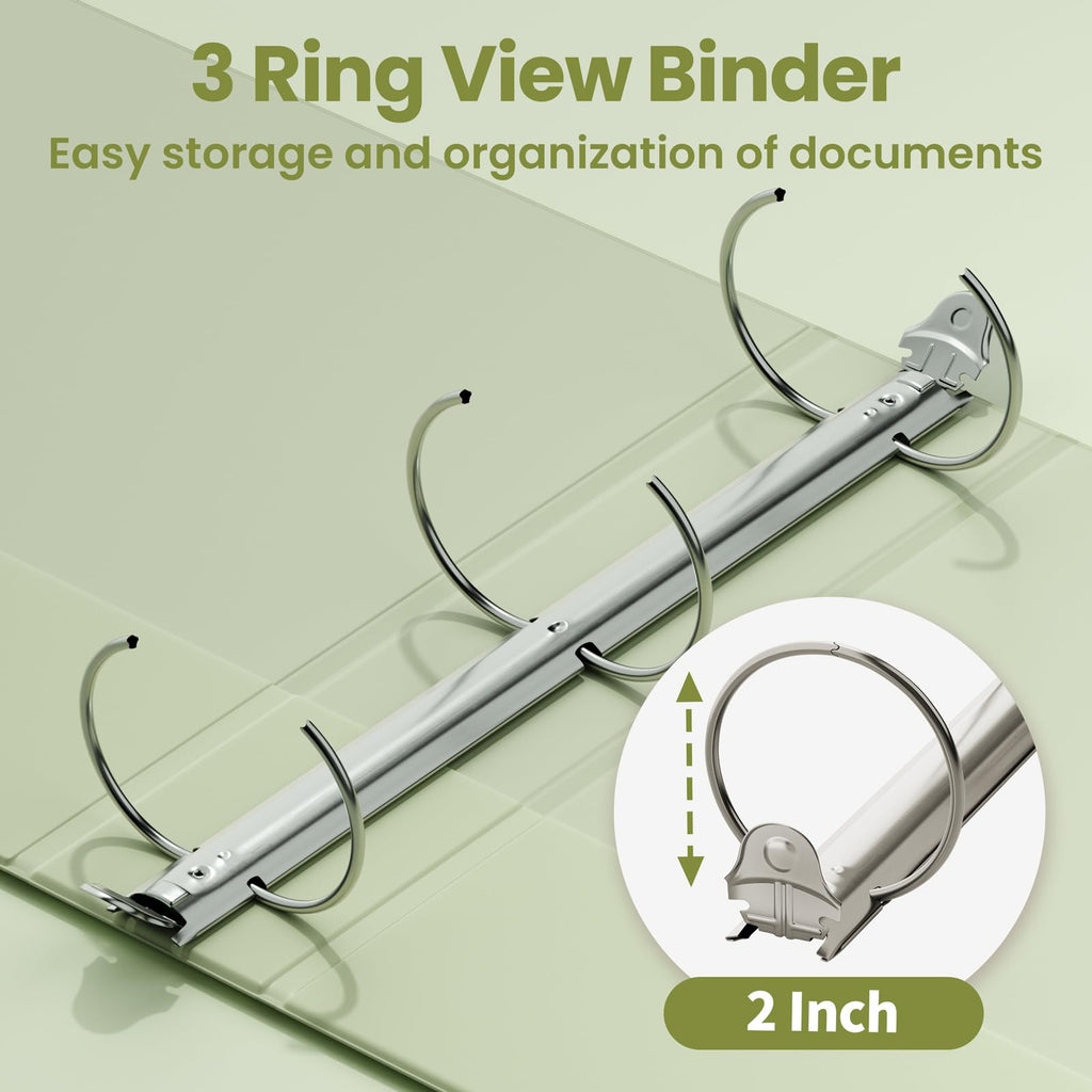 SUNEE 3 Ring Binder 2 Inch 2 Pack, Clear View Three Ring PVC-Free (Fit 8.5x11 Inches) for School or Office Supplies, Sage Green