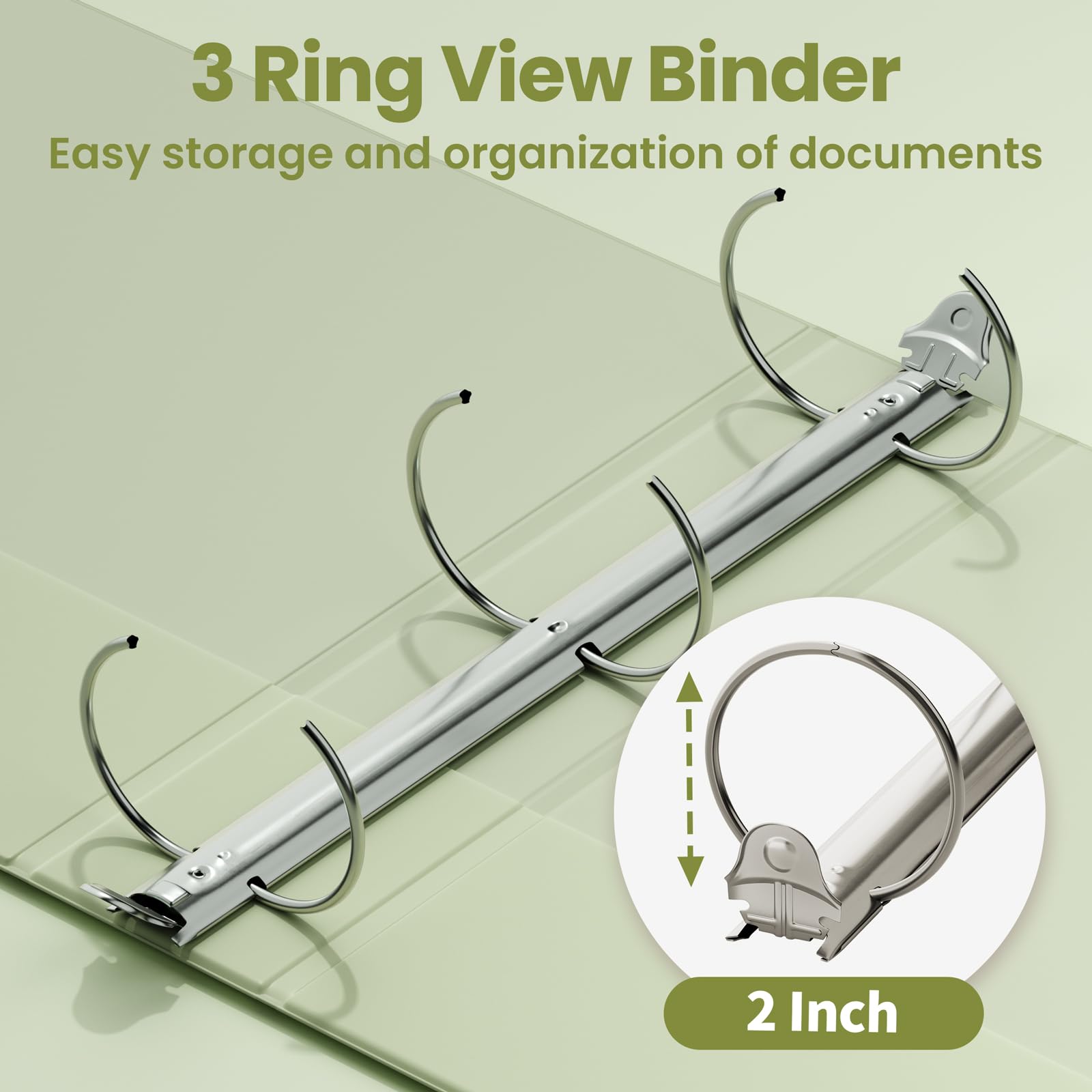 SUNEE 3 Ring Binder 2 Inch 2 Pack, Clear View Three Ring PVC-Free (Fit 8.5x11 Inches) for School or Office Supplies, Sage Green