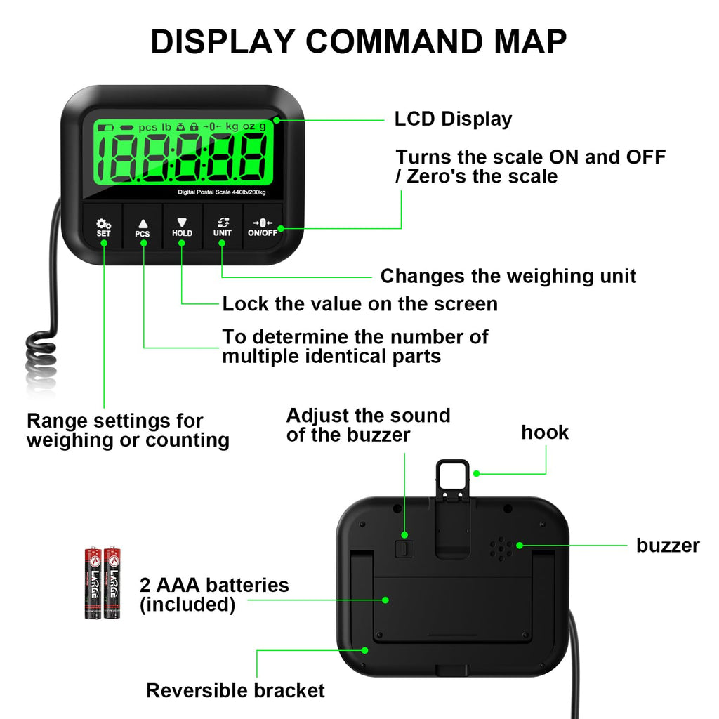 ACCT 440lb Postal Scale - Industrial Shipping Scale with Stainless Steel Platform, Tare/Hold/Counting Function for Luggage, Package, Mail | lb/kg/lb:oz | Heavy Duty Scale with Battery & Charging Cable