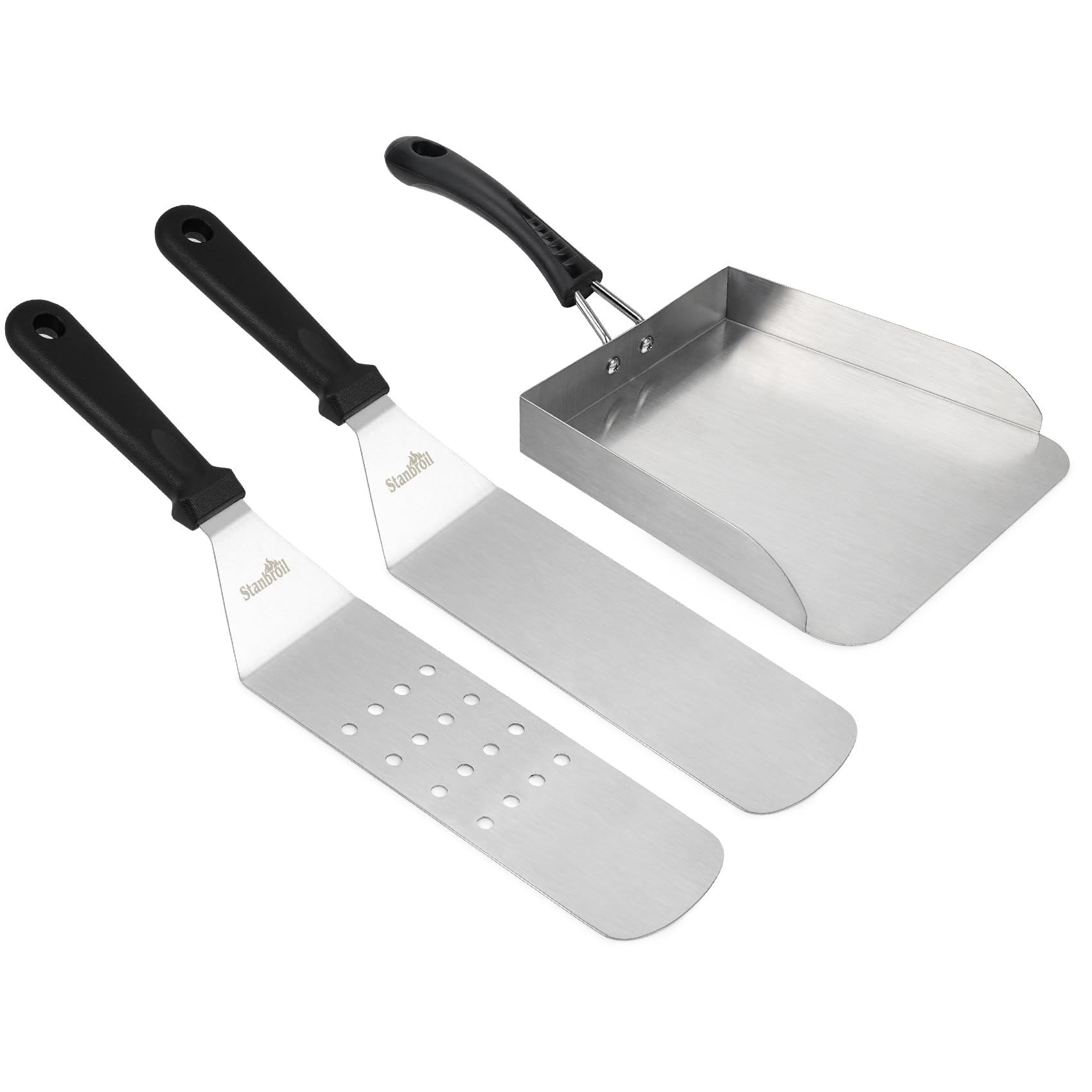 Stanbroil Stainless Steel Griddle Spatula Set for Outdoor Grill, 3 PCS Flat Top Grill Accessories, Includes Large Griddle Scoop, Perforated Spatula, Smash Burger Spatula